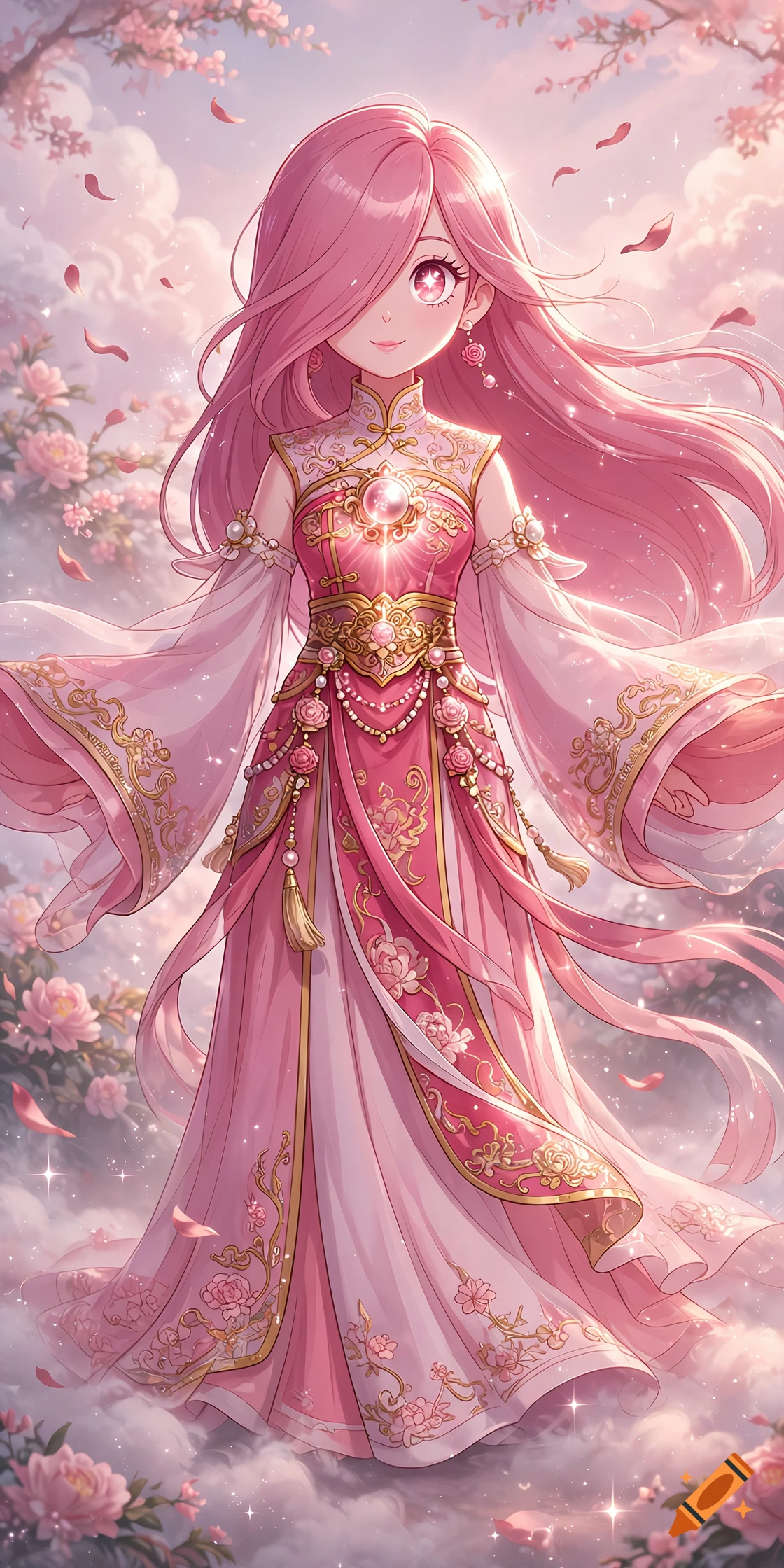 Anime style illustration of a female character with long pink hair, covering her right eye, wearing an ornate pink and gold Chinese-style dress with a glowing gem on her chest, amidst cherry blossoms and clouds.