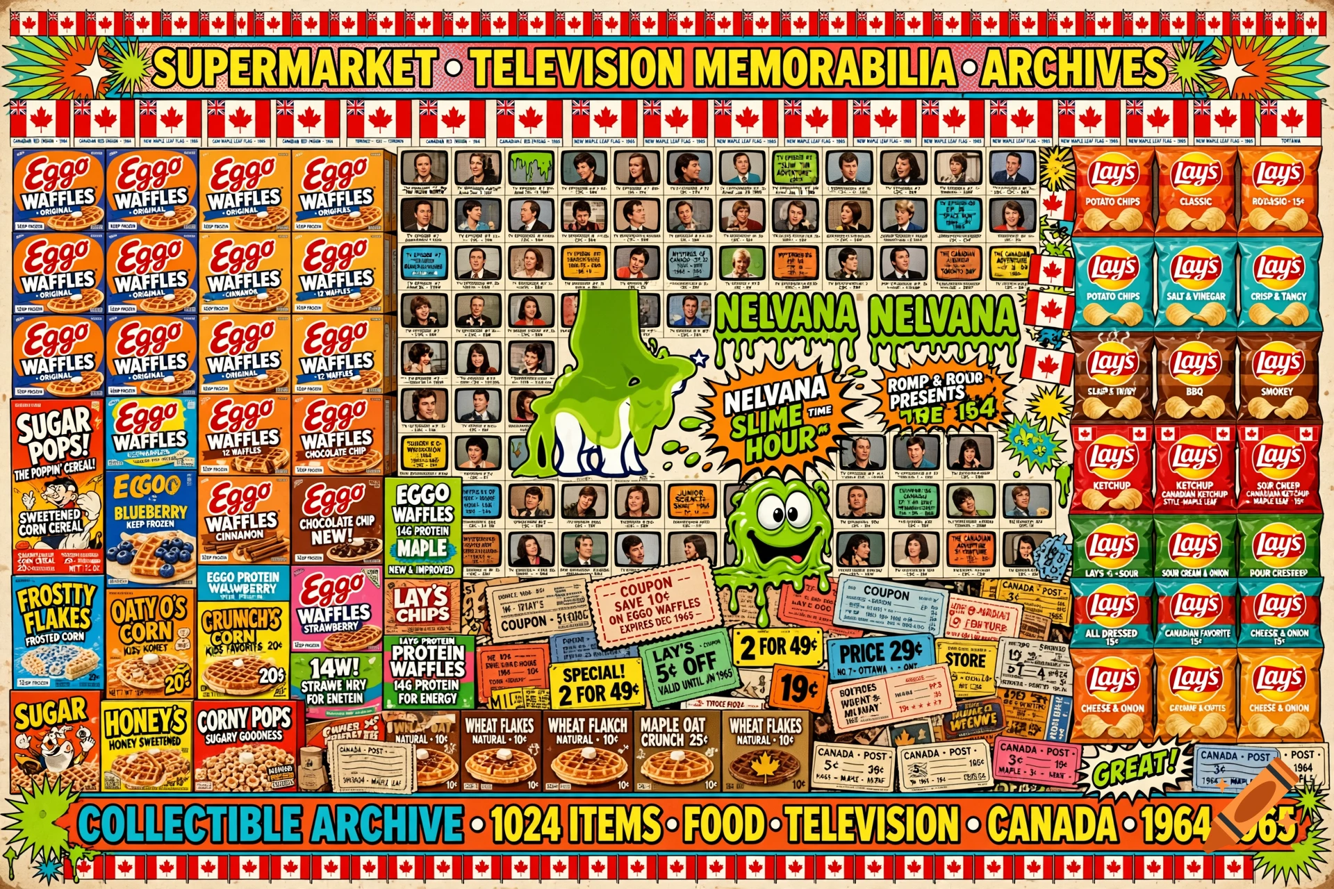 Vintage style collage of Canadian memorabilia, Eggo waffles, Lays chips, television shows, and flags from 1964-1965.