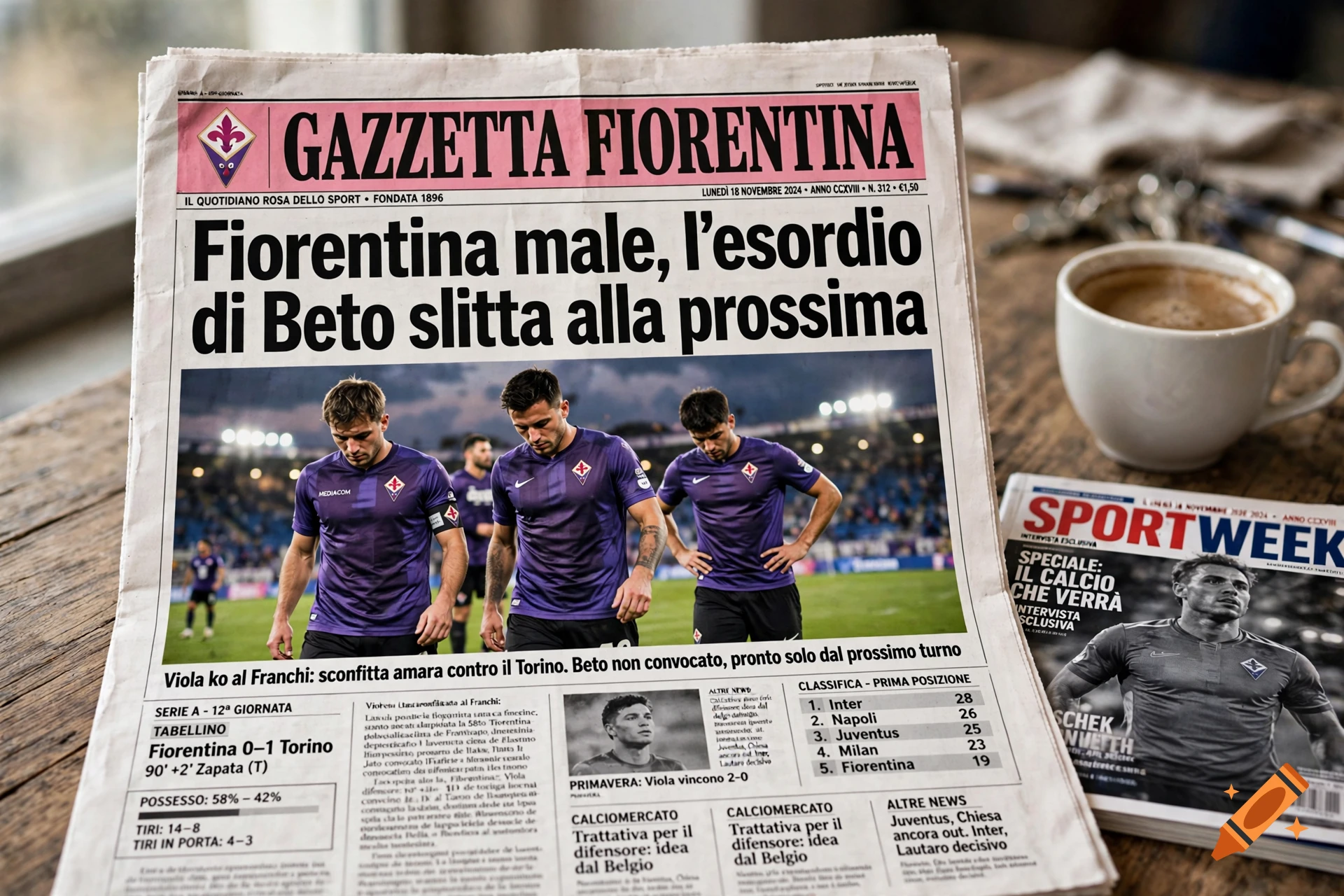 Photorealistic front page of a sports newspaper featuring Fiorentina soccer players, resting on a wooden table next to a cup of coffee.