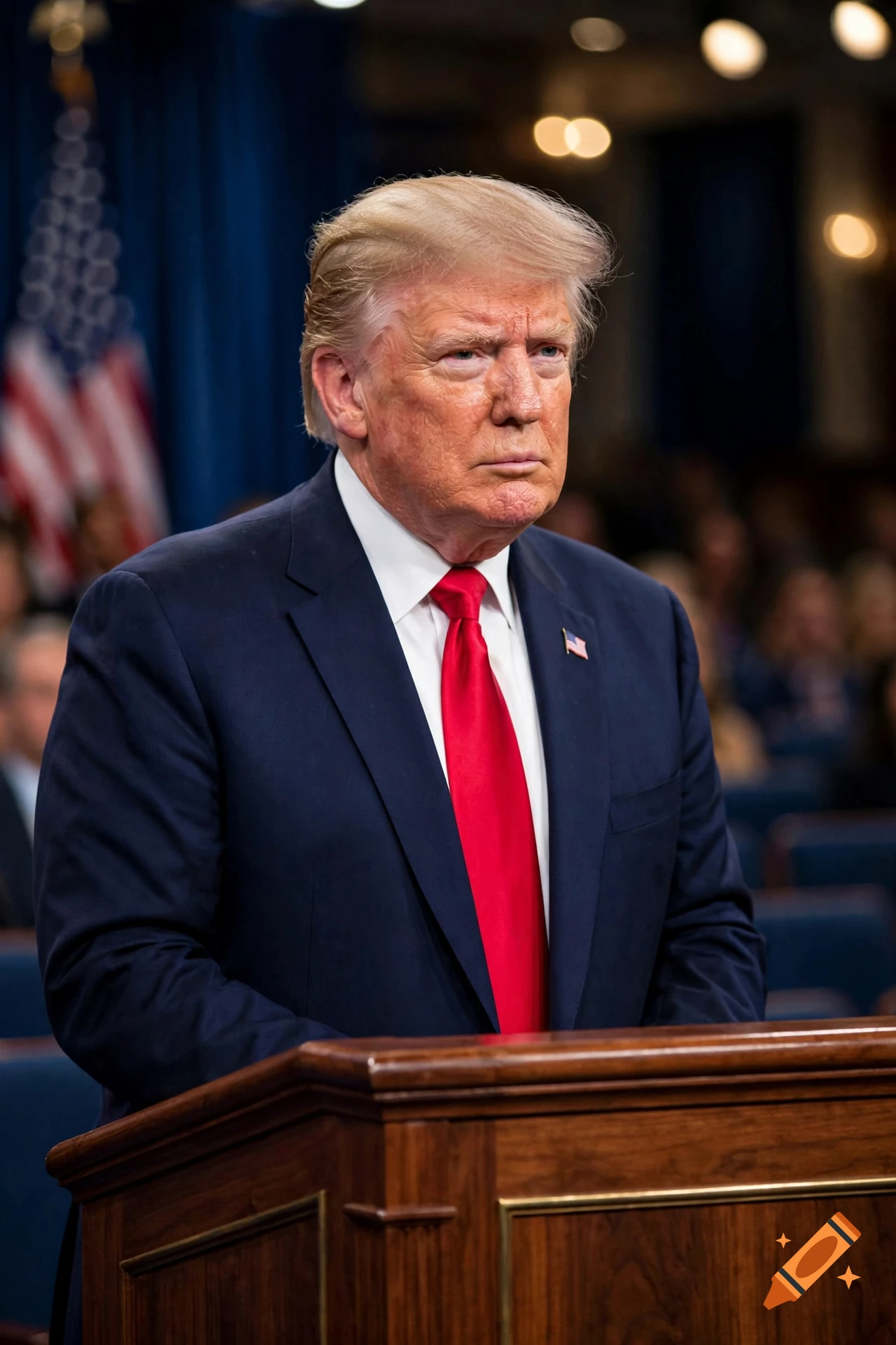 Photorealistic medium shot of Donald Trump standing behind a wooden podium, wearing a navy suit and red tie.