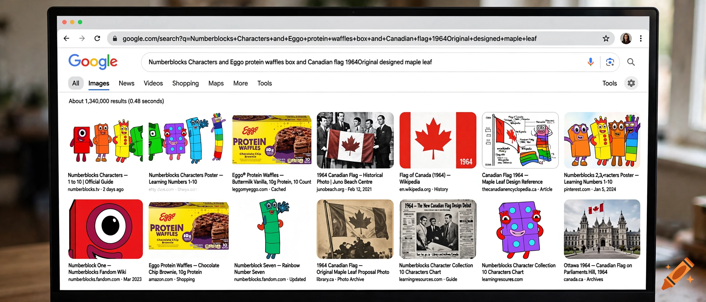 Browser window showing a Google image search results page for Numberblocks and Canadian flags.