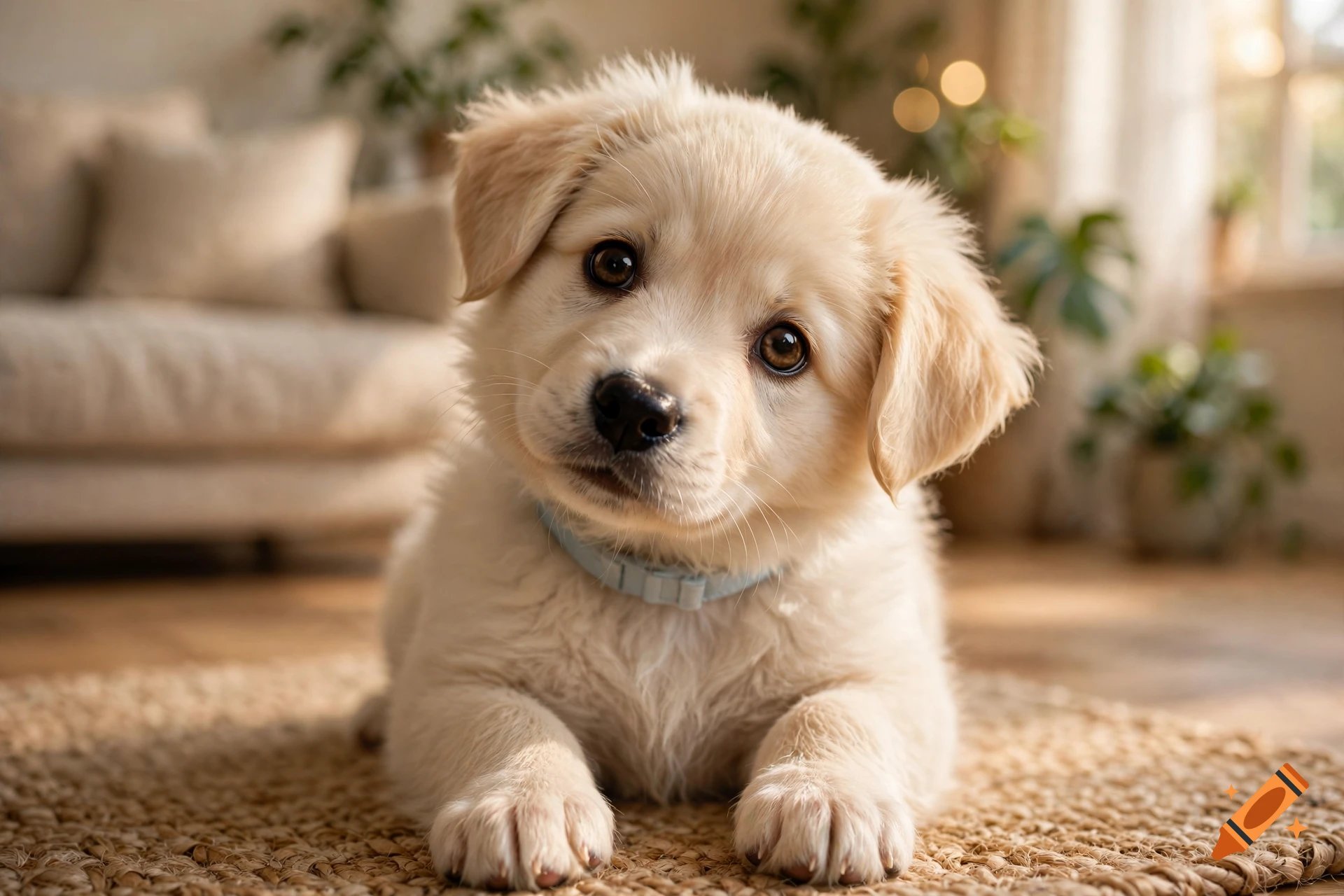 A close-up photorealistic shot of a cute golden retriever puppy lying on a woven rug indoors.