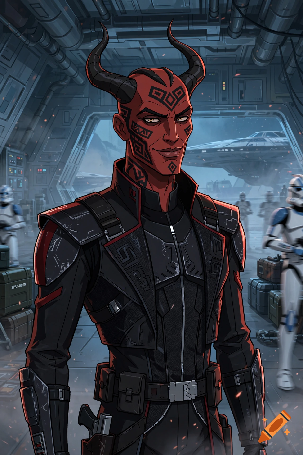 Digital illustration of a male Zabrak character with horns and facial tattoos in a Star Wars hangar bay with clone troopers.