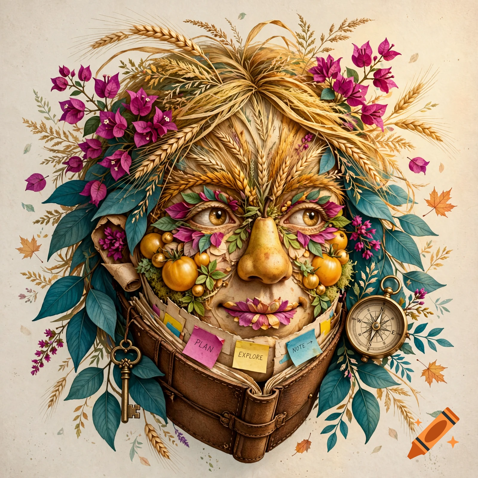 An Arcimboldo-style portrait of a person's face made of autumn fruits, vegetables, flowers, and wheat, with a journal collar.