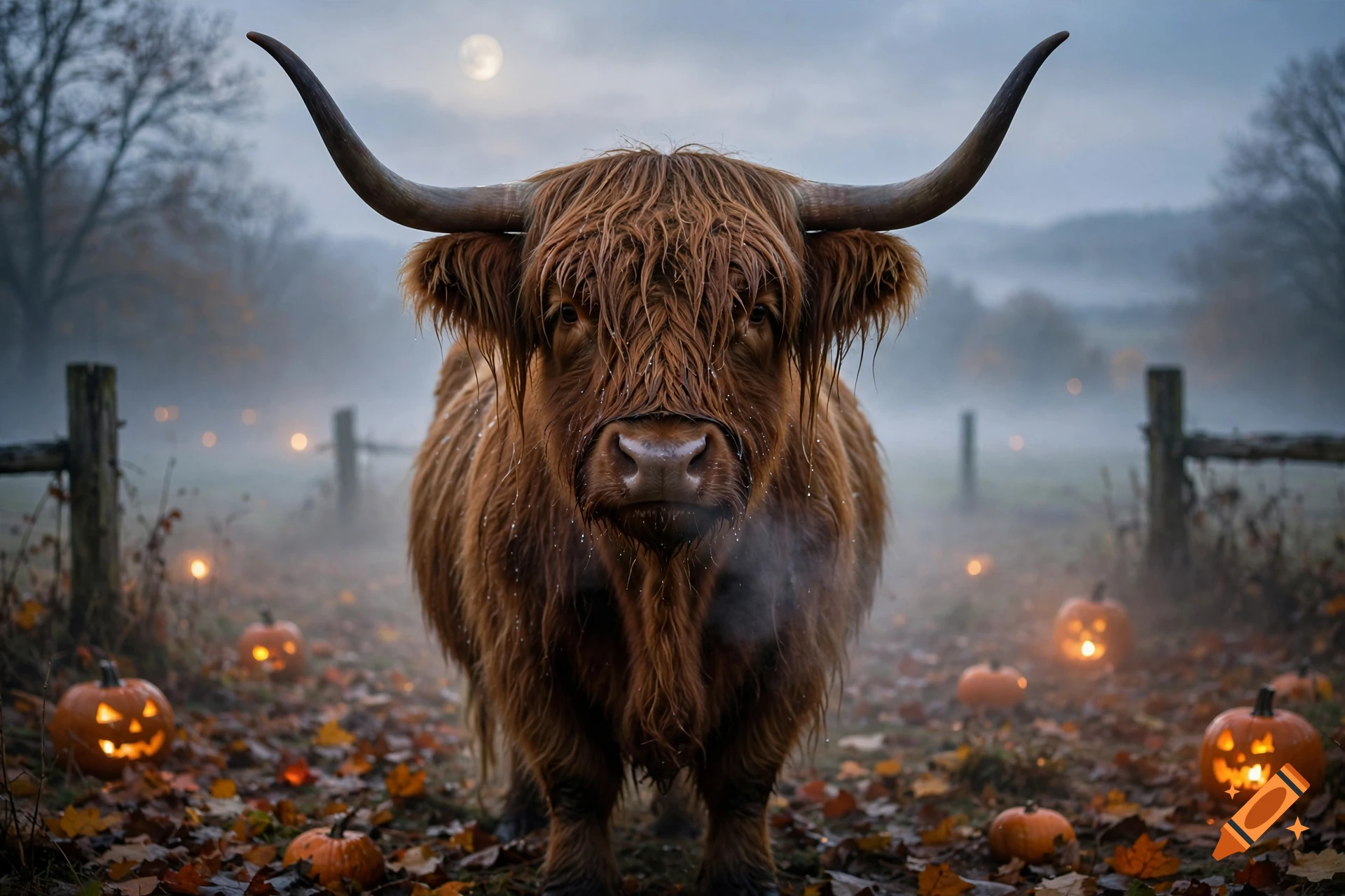 Photorealistic highland cow with long horns standing in a misty field at dusk surrounded by carved pumpkins and glowing lights.