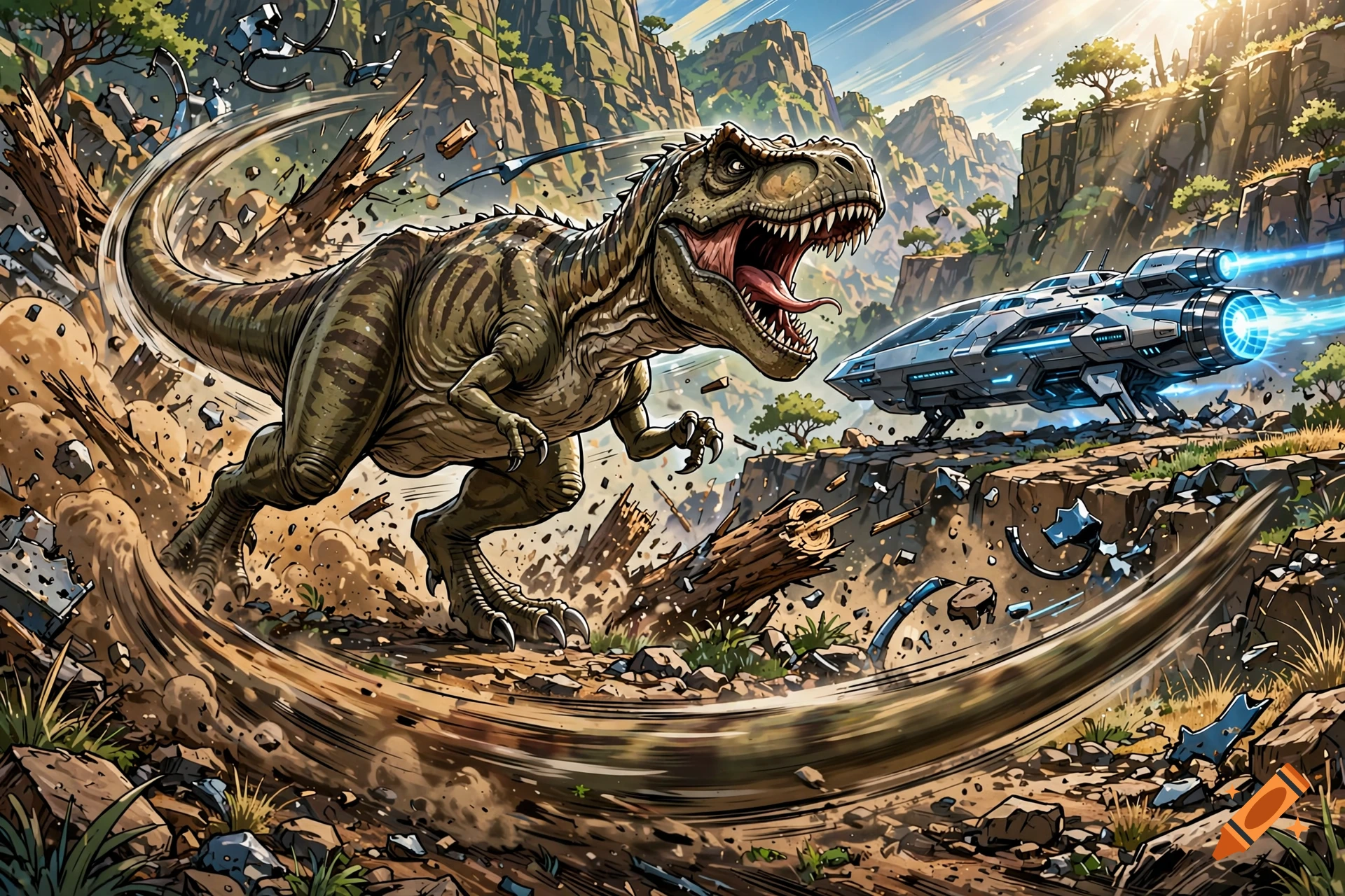 Comic book style illustration of a T-Rex running and roaring past a futuristic spaceship in a rocky canyon.