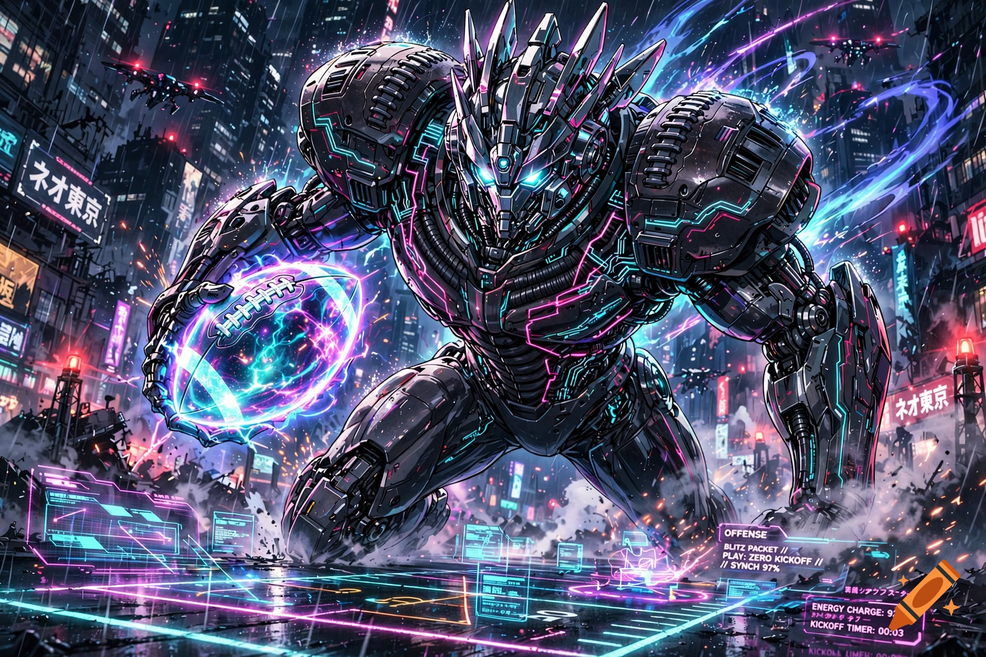 Cybernetic mecha robot holding an energy football in a neon city street, anime style.