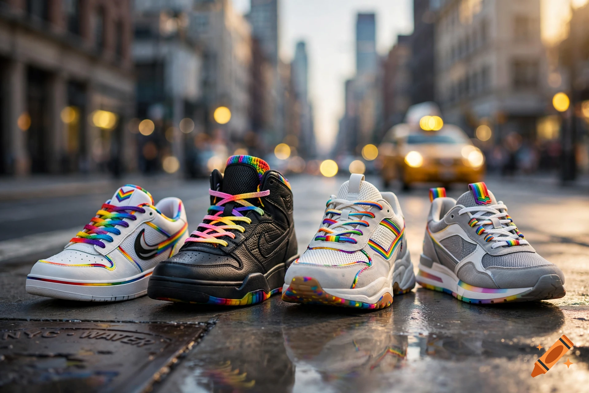 Four pairs of colorful rainbow-accented sneakers lined up on a wet NYC street with blurred city background in photorealistic style.