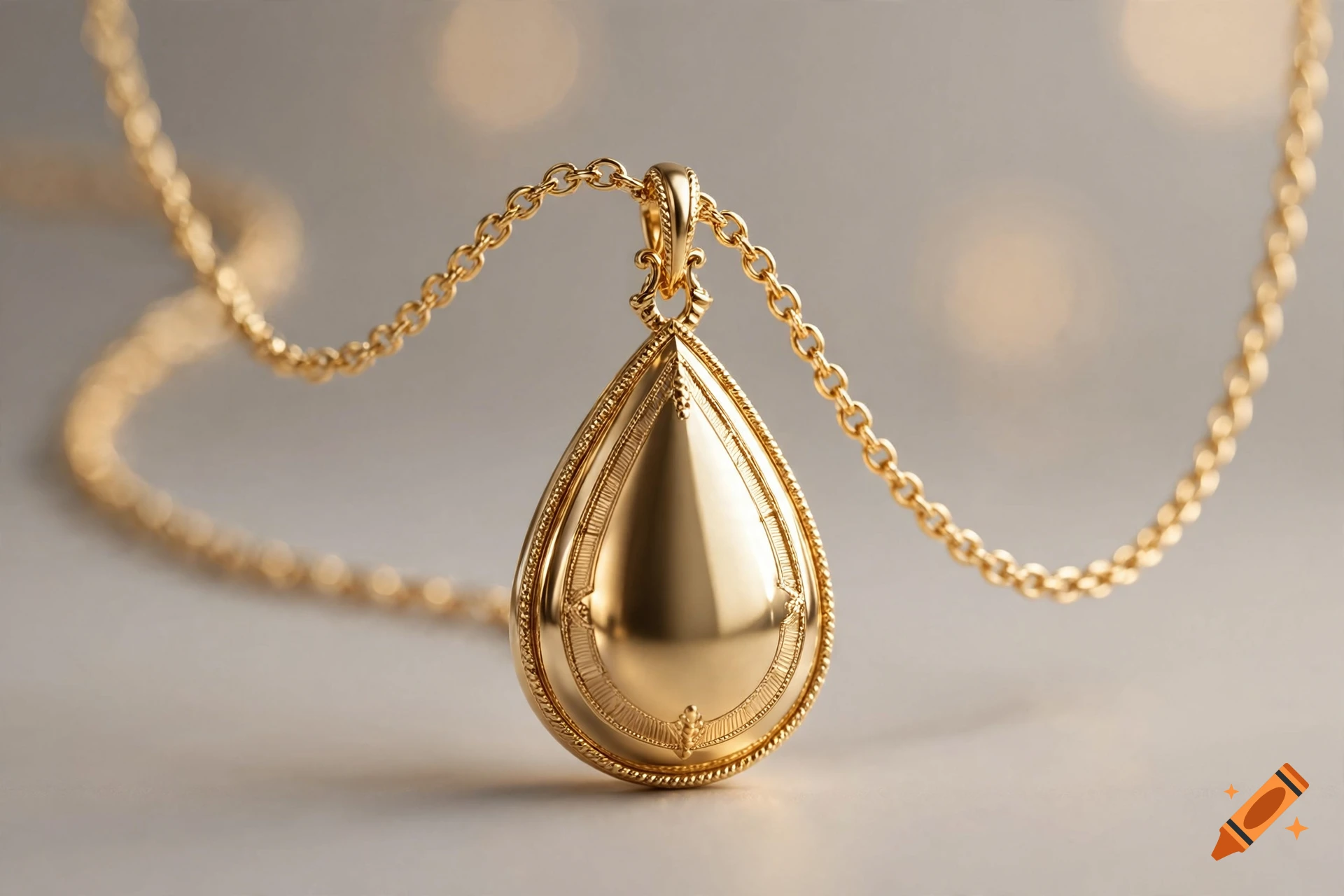 Close-up of a golden teardrop pendant on a delicate chain against a neutral background.