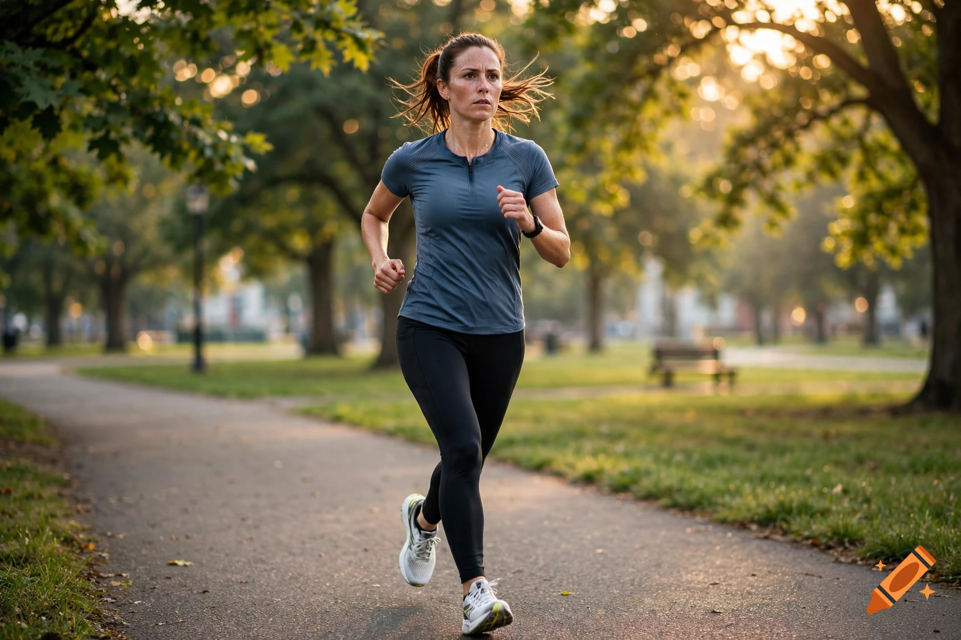 Photorealistic image of a woman jogging on a paved path in a park during sunset.