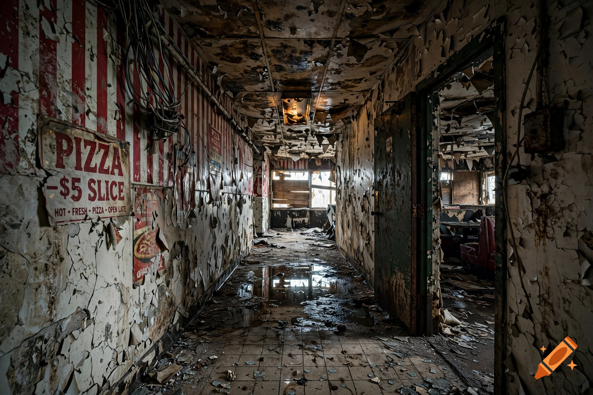 Photorealistic image of a dark, run-down hallway in an abandoned pizza restaurant with peeling wallpaper and debris on the floor.