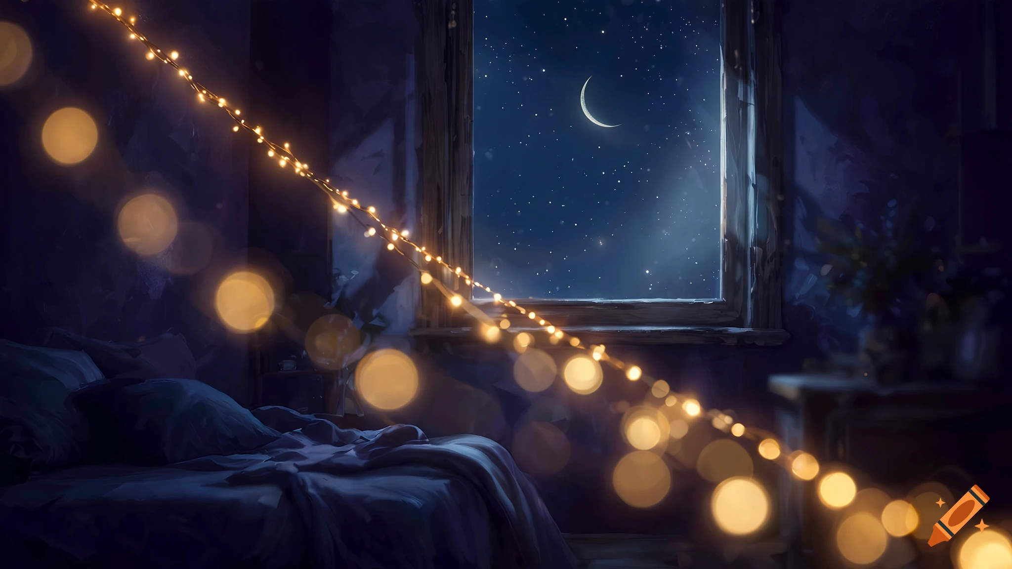 Digital painting of a dark bedroom at night, featuring a window looking out at a crescent moon and stars, crossed by glowing fairy lights with bokeh effects.