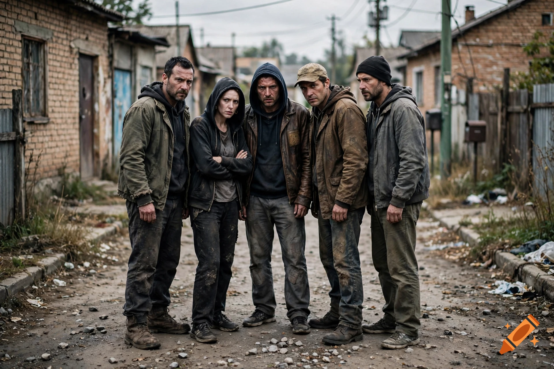 Photorealistic group of five gritty individuals standing together in a narrow dirt street lined with single-story brick houses.
