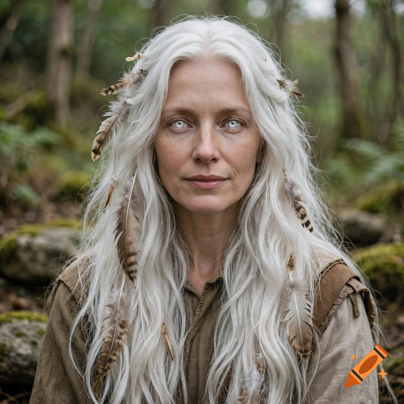 Photorealistic portrait of a woman with long white hair, white eyes, and feathers woven into her hair, set against a forest background.