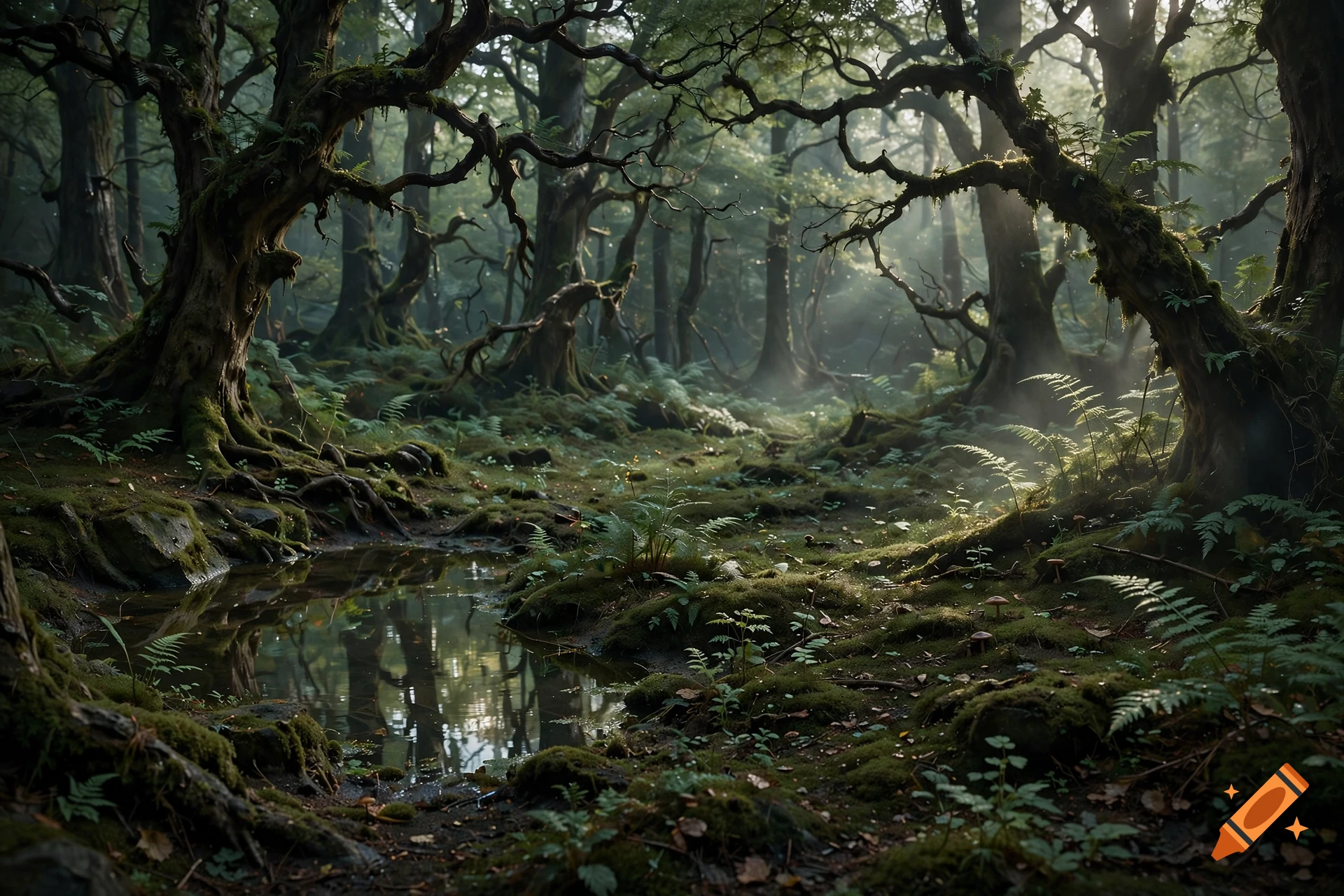 Photorealistic dark and enchanted forest with a mossy ground, twisted trees, and a small pool of water reflecting light on the left.