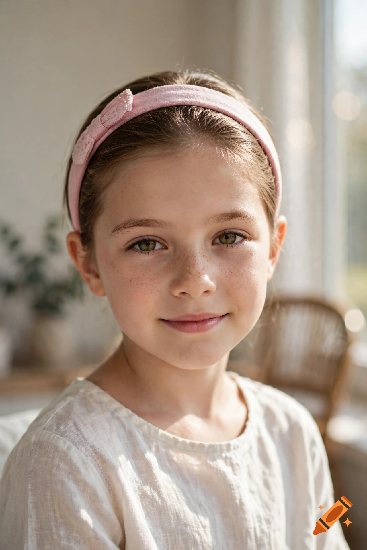 Close-up photorealistic portrait of a young girl with brown hair, freckles, and a pink headband, smiling gently.
