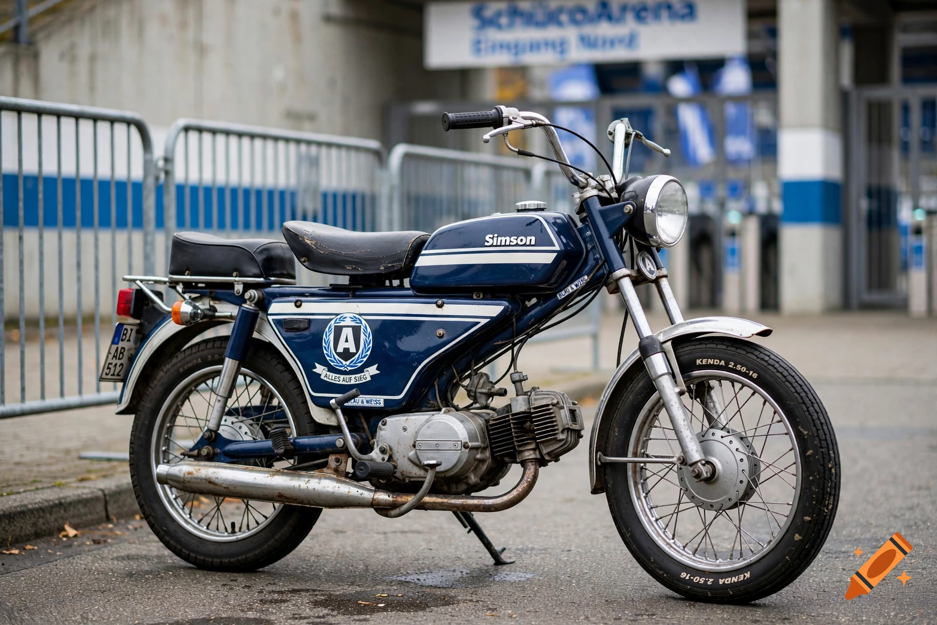 Photorealistic image of a blue Simson S51 moped parked on a street in front of a building with SchücoArena text.