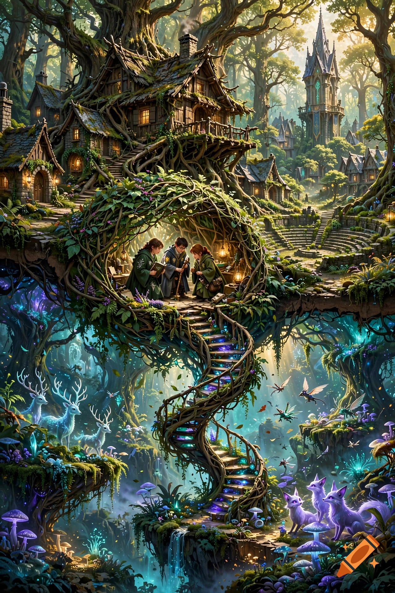 Detailed fantasy illustration of students studying in a magical treehouse village with glowing flora and mystical creatures.