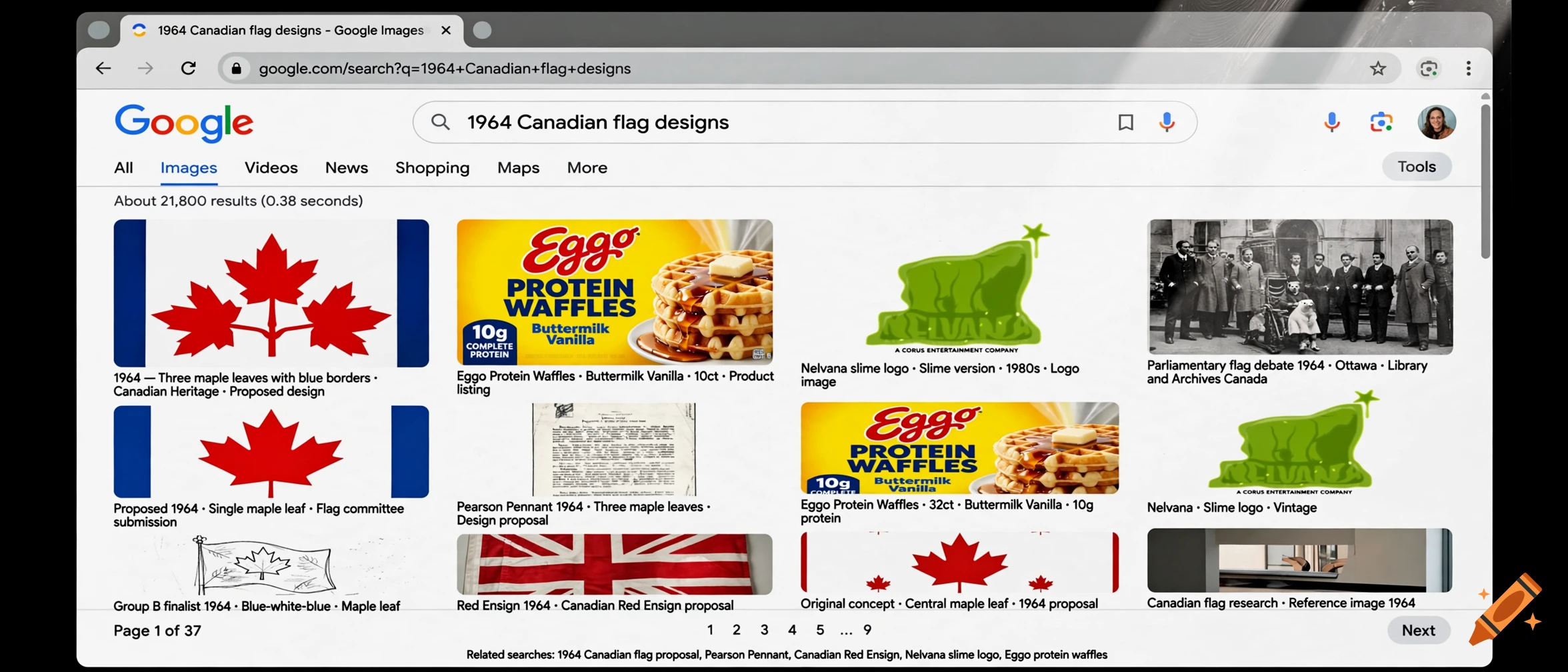 A screenshot of a Google Image search results page for 1964 Canadian flag designs.