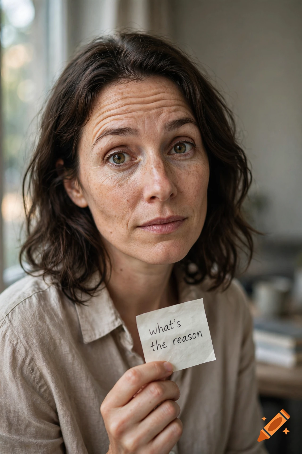 Close-up photorealistic portrait of a woman holding a sticky note with the handwritten text what's the reason
