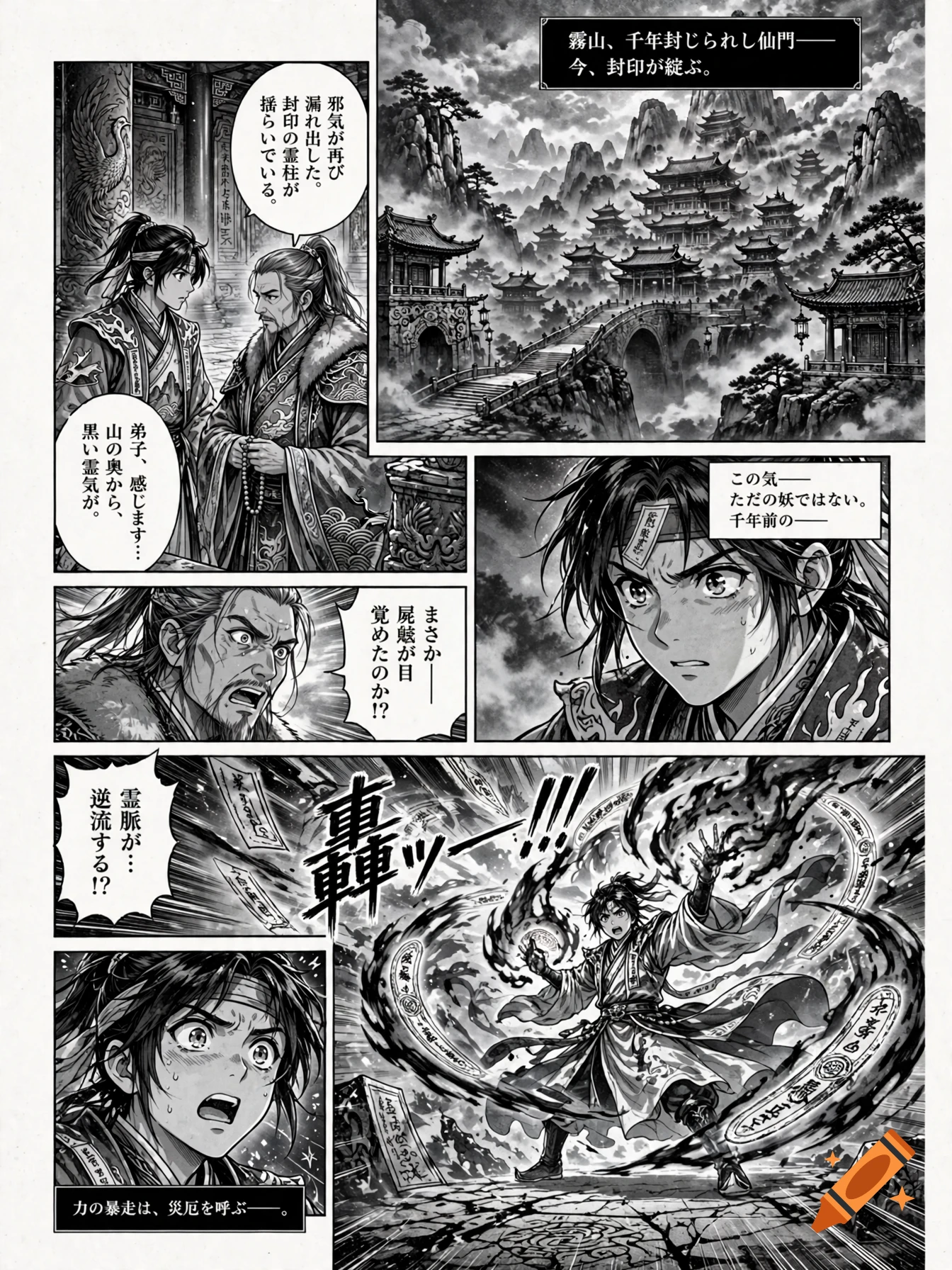 Black and white dark fantasy manga page featuring multiple panels with characters, architecture, and dramatic text.