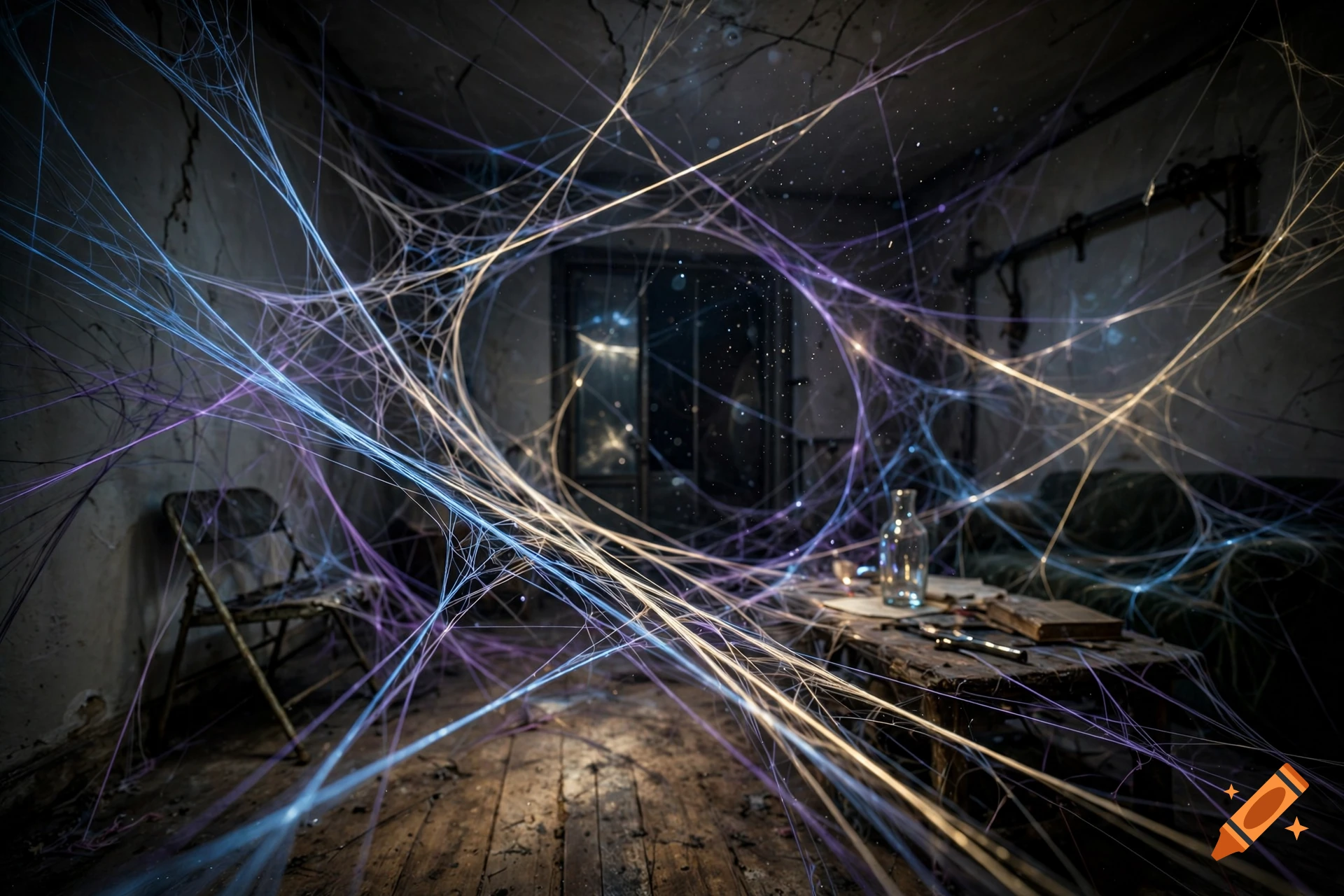 An abandoned room crisscrossed with glowing blue and purple threads of light, with a chair and a table.