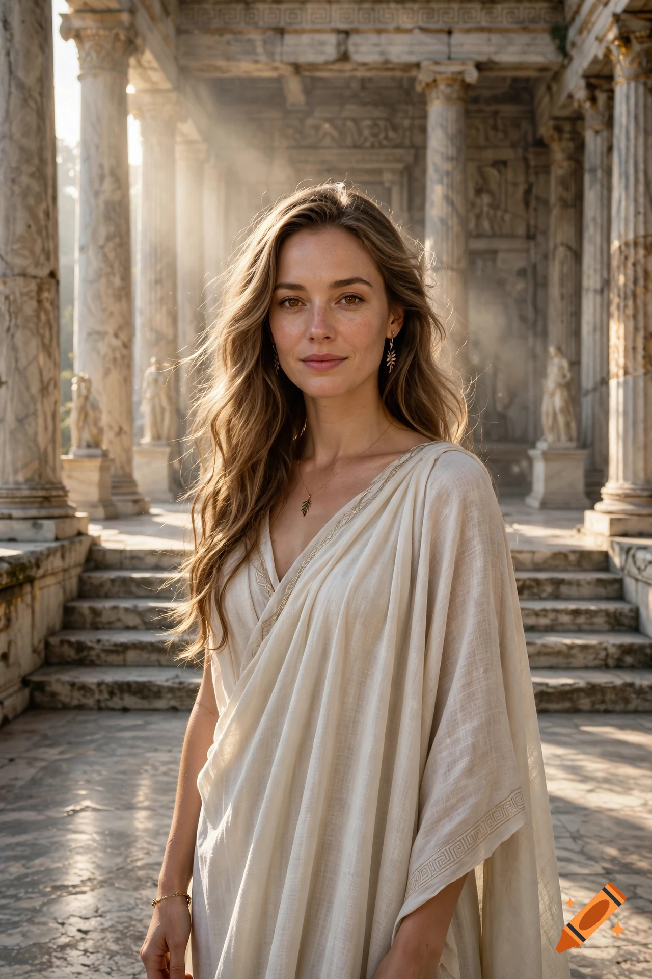 Photorealistic portrait of a young woman with long blonde hair wearing a white toga standing in front of ancient roman columns.