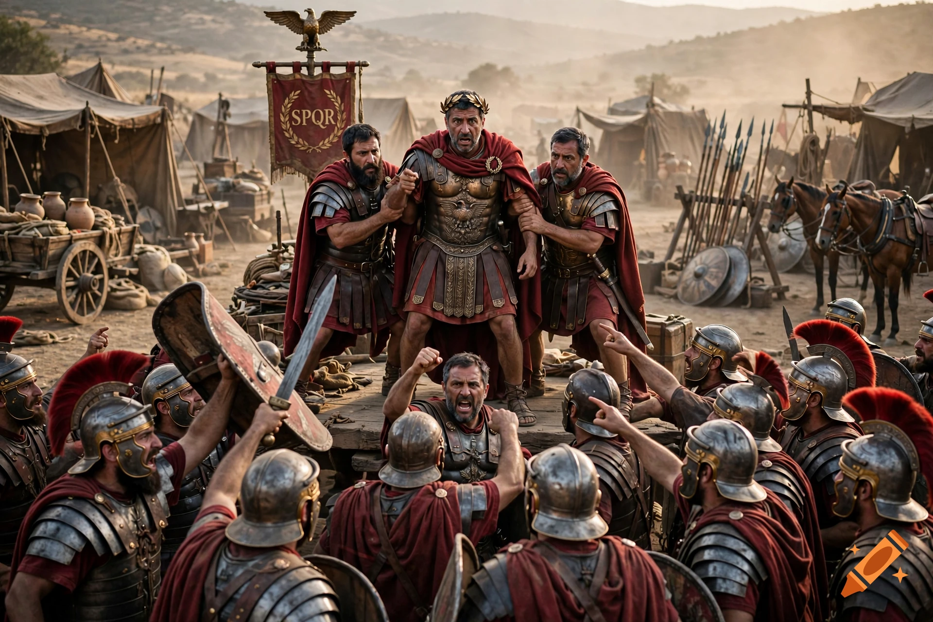 Photorealistic scene of a Roman legion mutinying against their general standing on a wooden platform in a military camp.