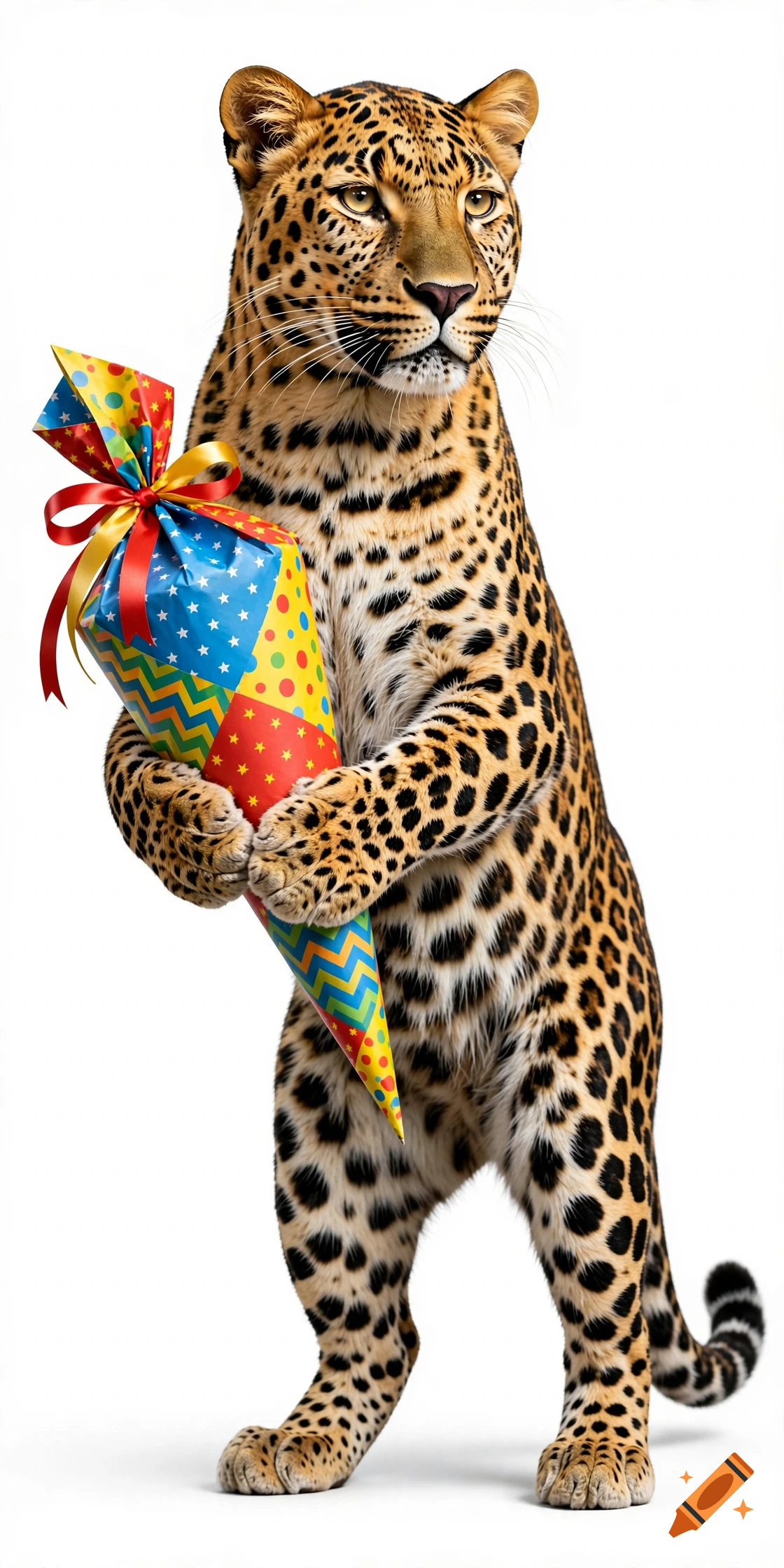 A photorealistic leopard standing on hind legs and holding a colorful party cone wrapped in patterned paper with a red bow.