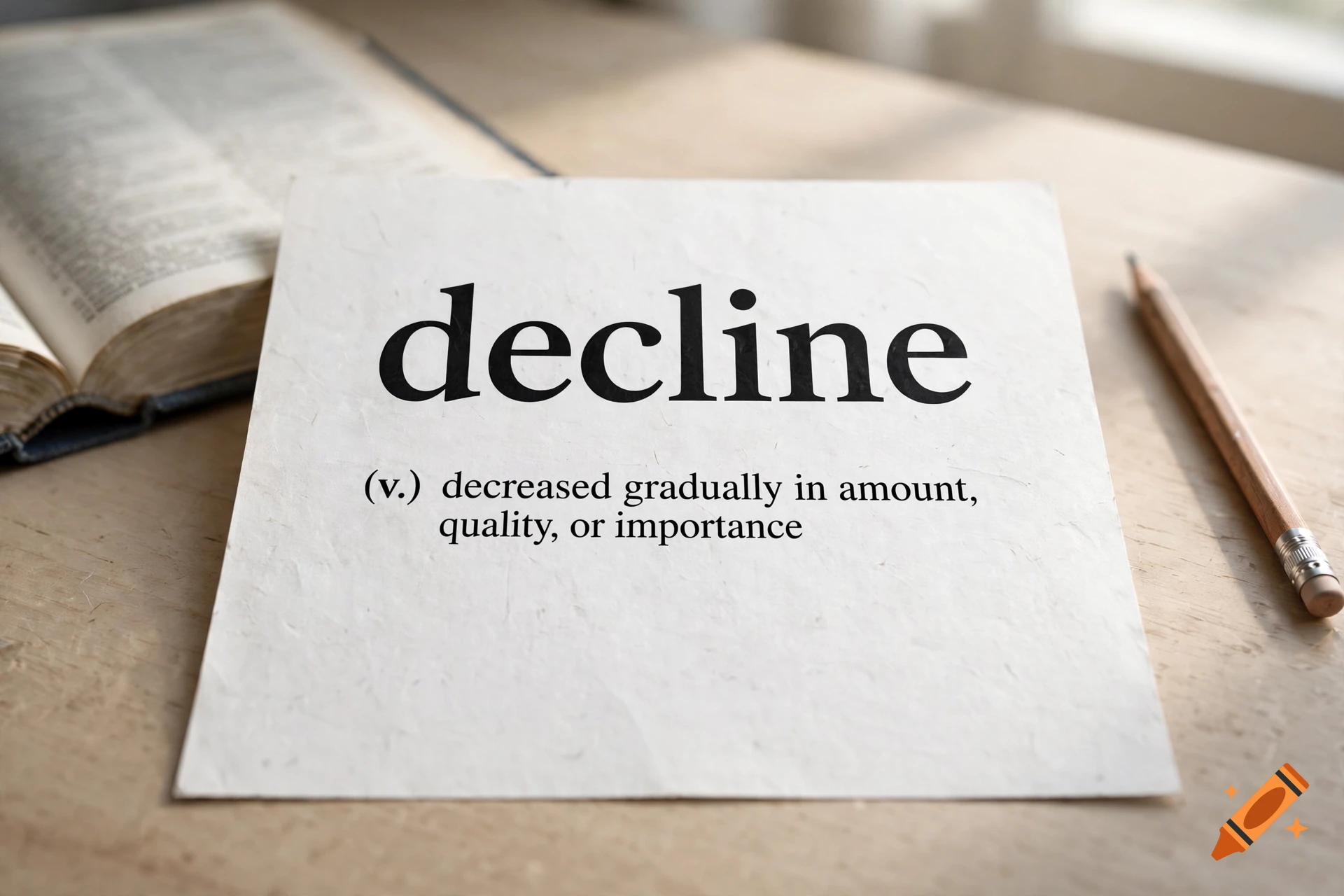 Close-up photograph of a dictionary definition card for the word decline on a wooden surface.