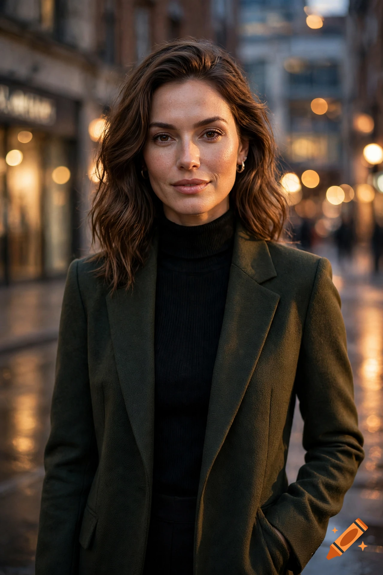 Photorealistic portrait of a woman with brown wavy hair wearing a black turtleneck and green blazer outdoors in the evening.