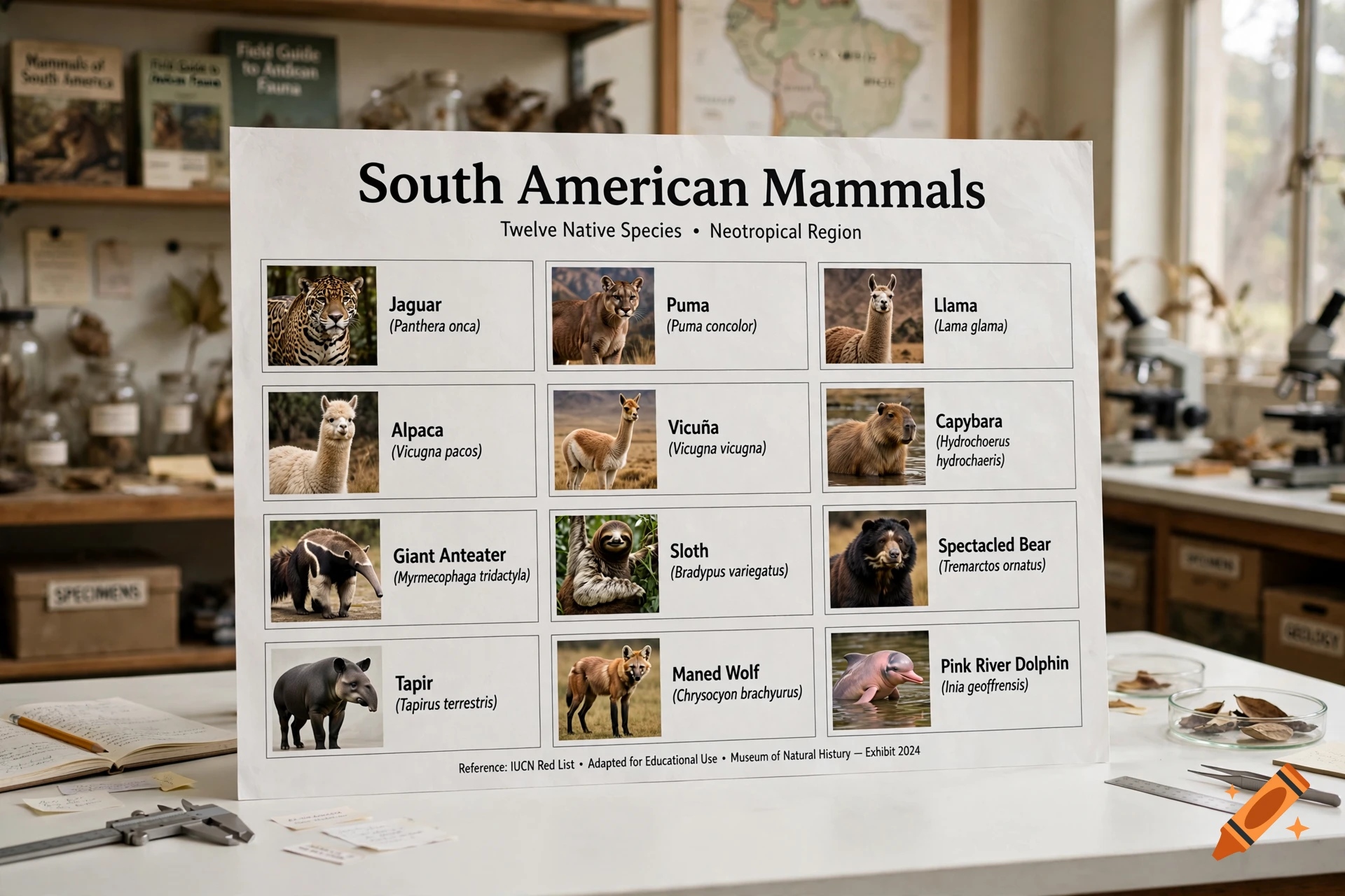 Educational poster titled South American Mammals with twelve labeled species images on a laboratory table.