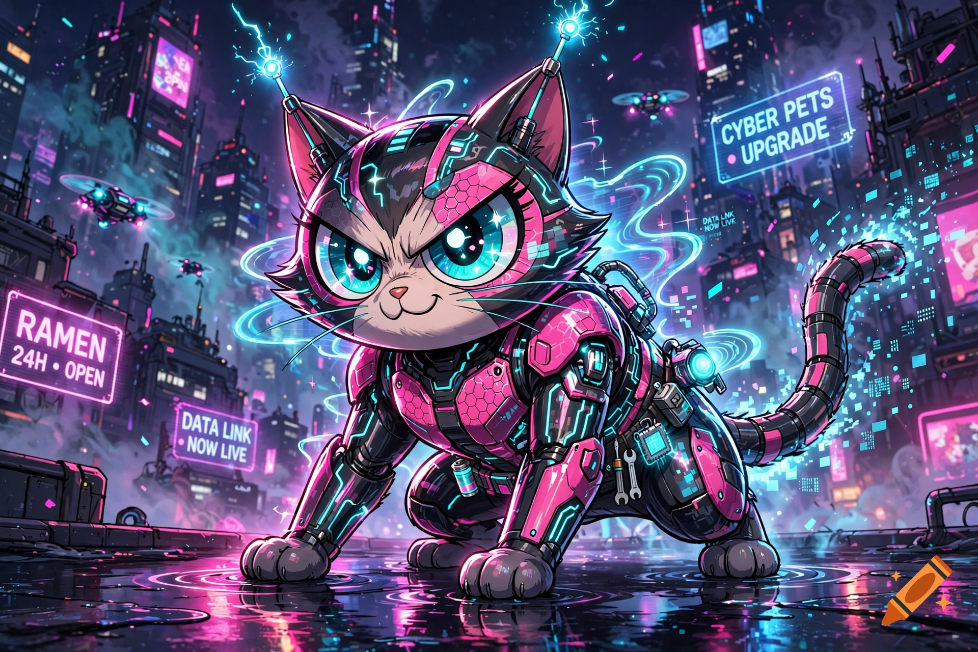 Cybernetic cat with pink armor standing on a wet street in a neon-lit futuristic city, anime style.