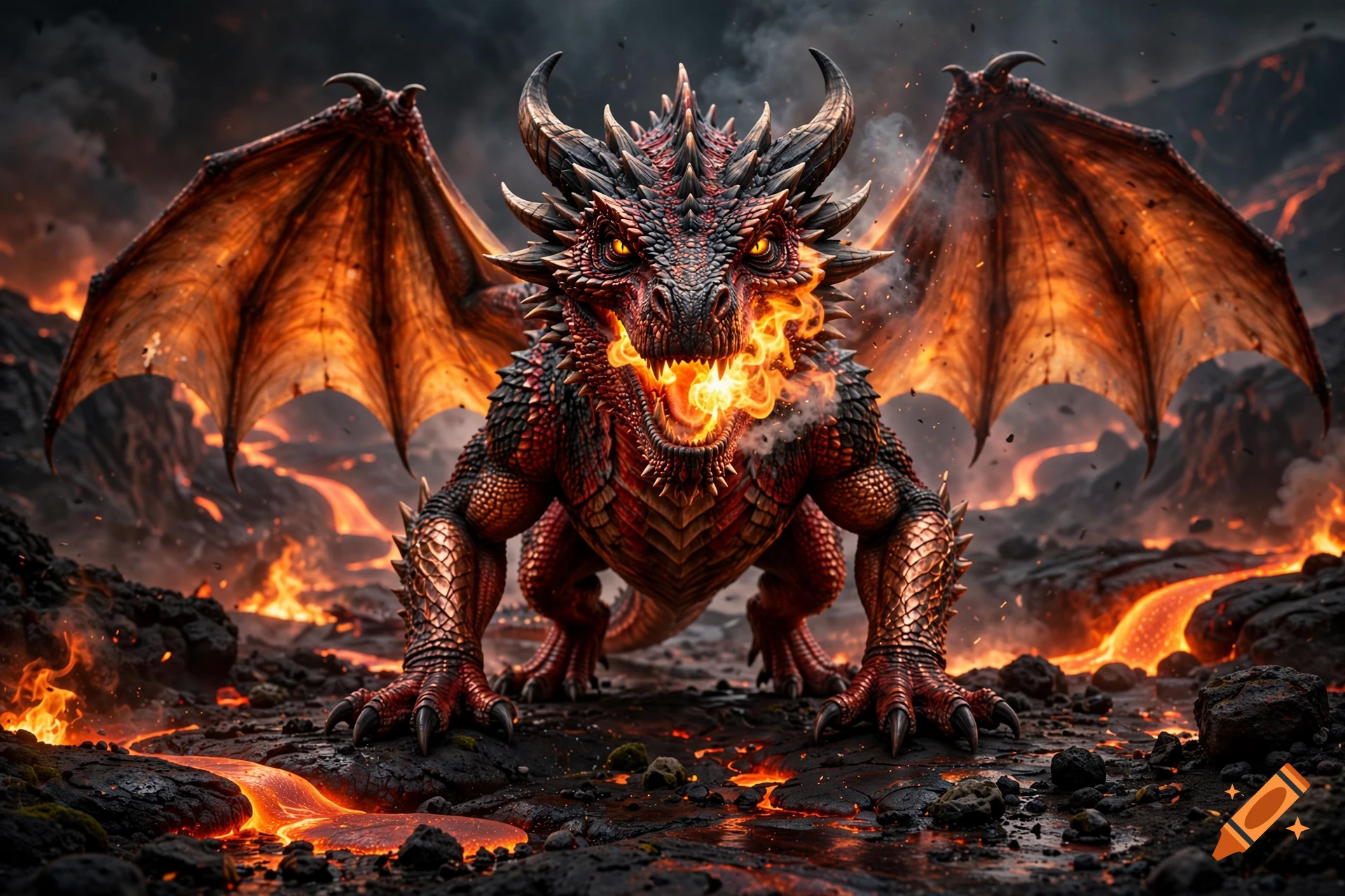 A detailed red and black fire dragon with glowing orange eyes and wings spread, standing on a volcanic rock landscape with rivers of lava.