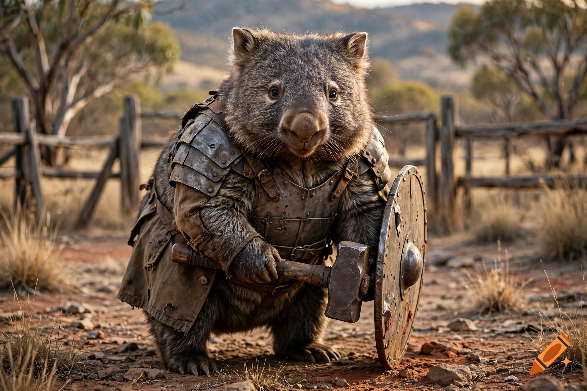 Photorealistic image of a wombat wearing half-plate armor, holding a warhammer and shield in an outback setting.
