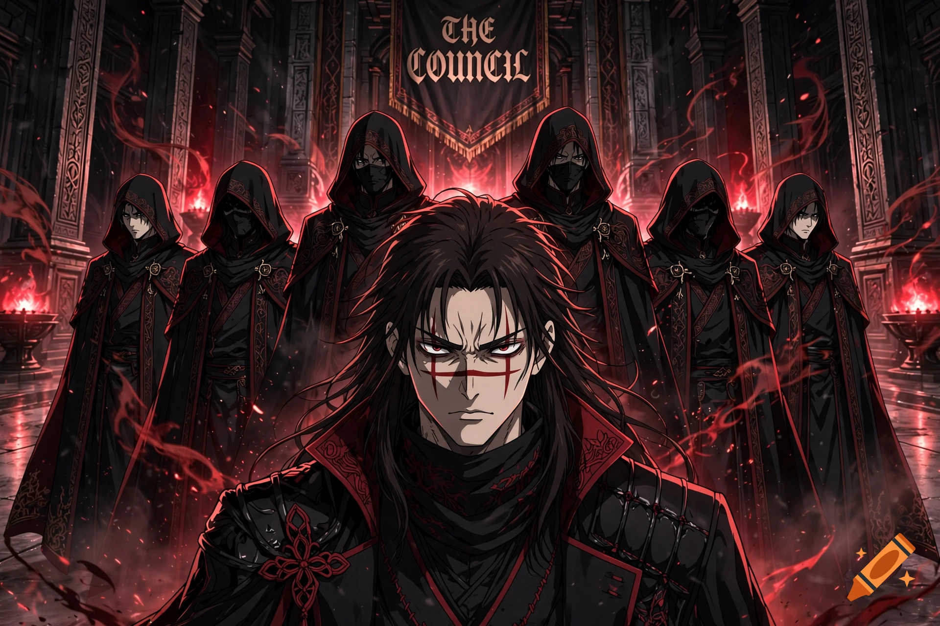 Cinematic anime illustration of a group of mysterious figures in black and dark-red hooded cloaks inside a dark council chamber, with a banner reading THE COUNCIL.