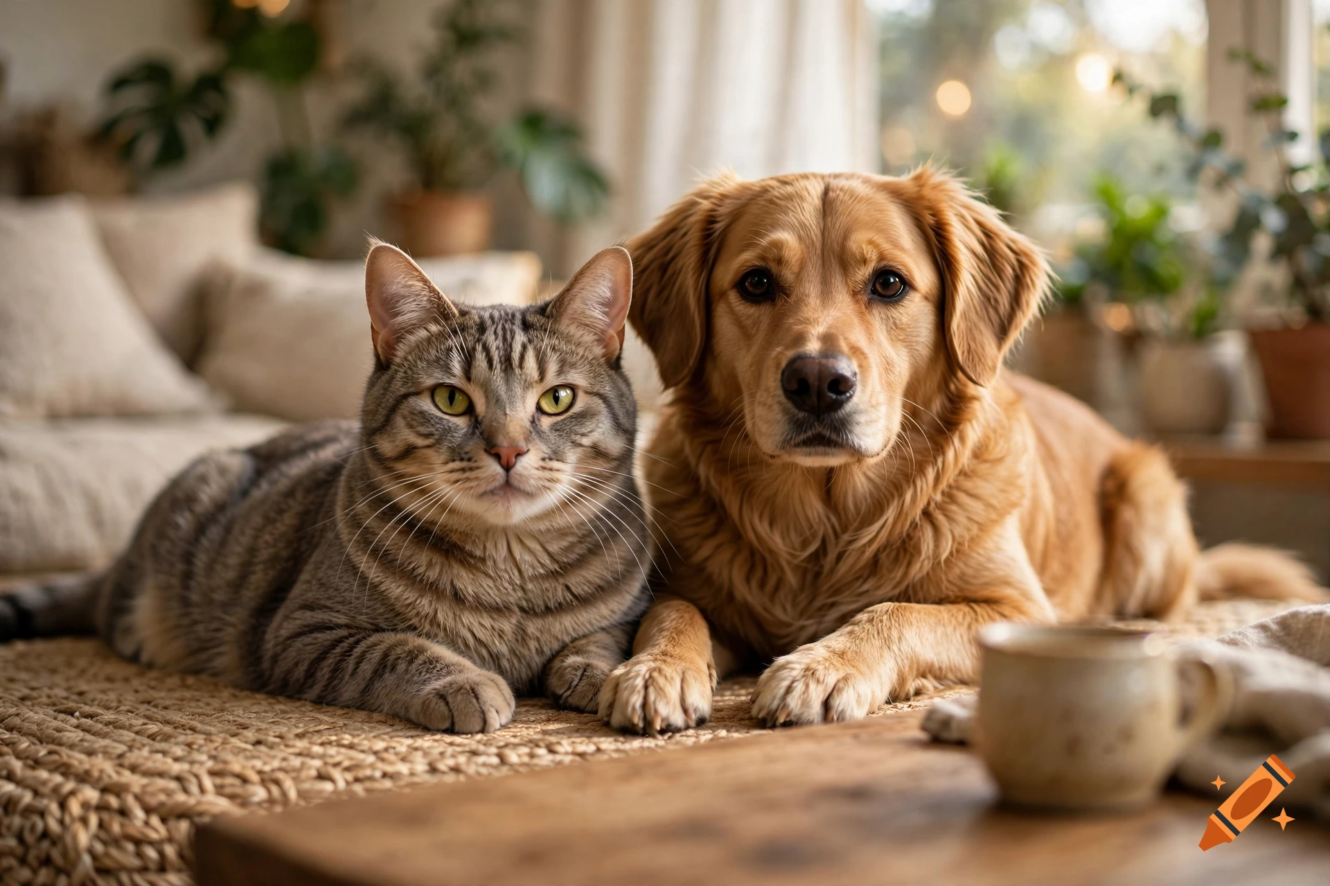 Photorealistic image of a tabby cat and a golden retriever resting together on a woven rug in a cozy living room.