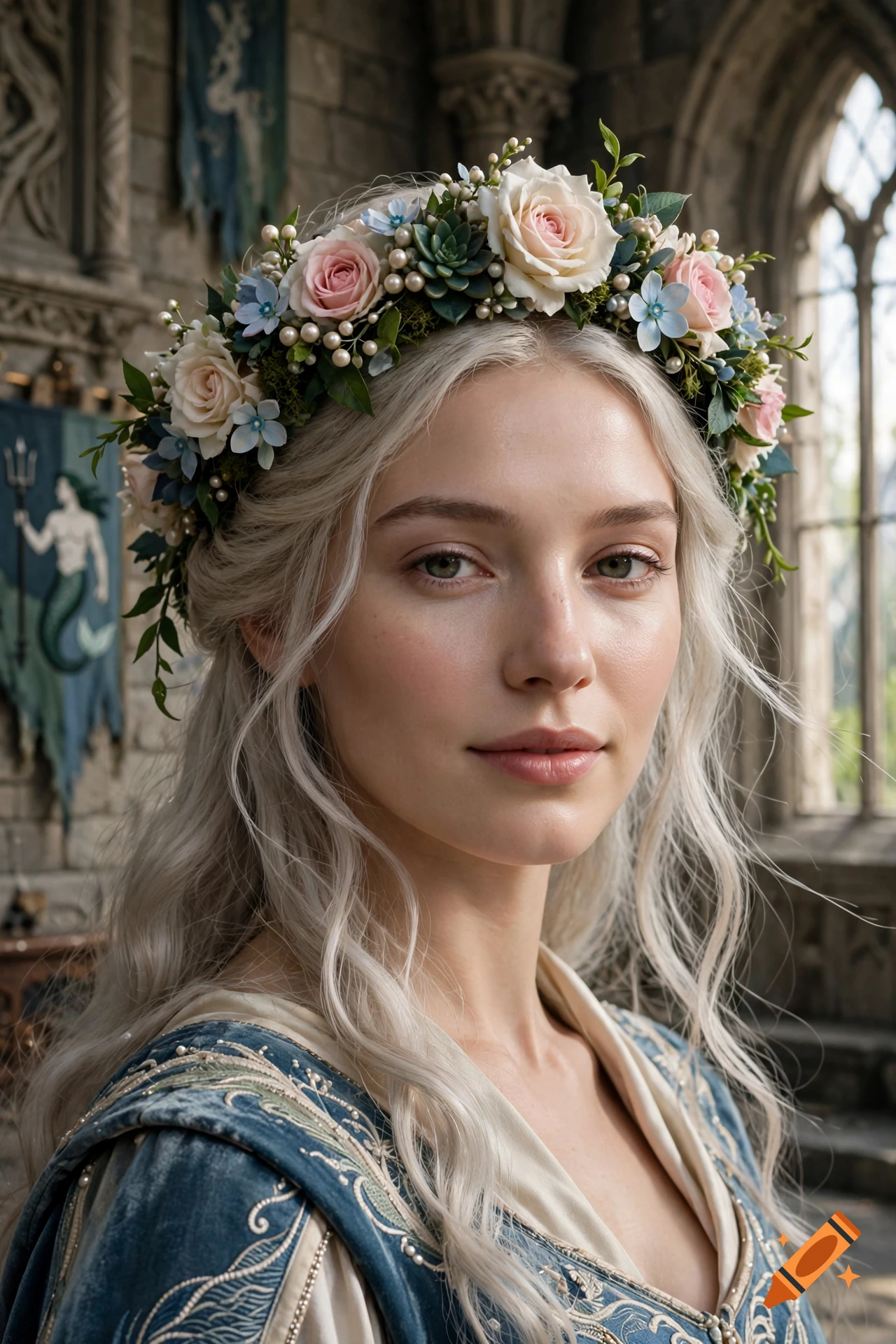Close-up photorealistic portrait of a young woman with white hair wearing a floral crown and blue velvet dress inside a stone castle.
