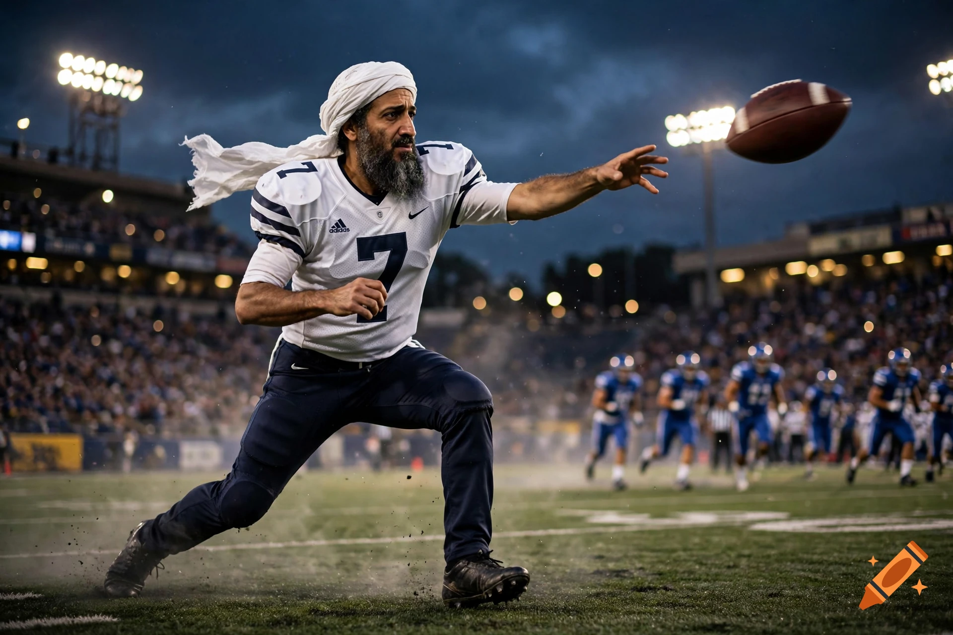 Photorealistic image of a man wearing a white turban and football jersey throwing a football on a stadium field.