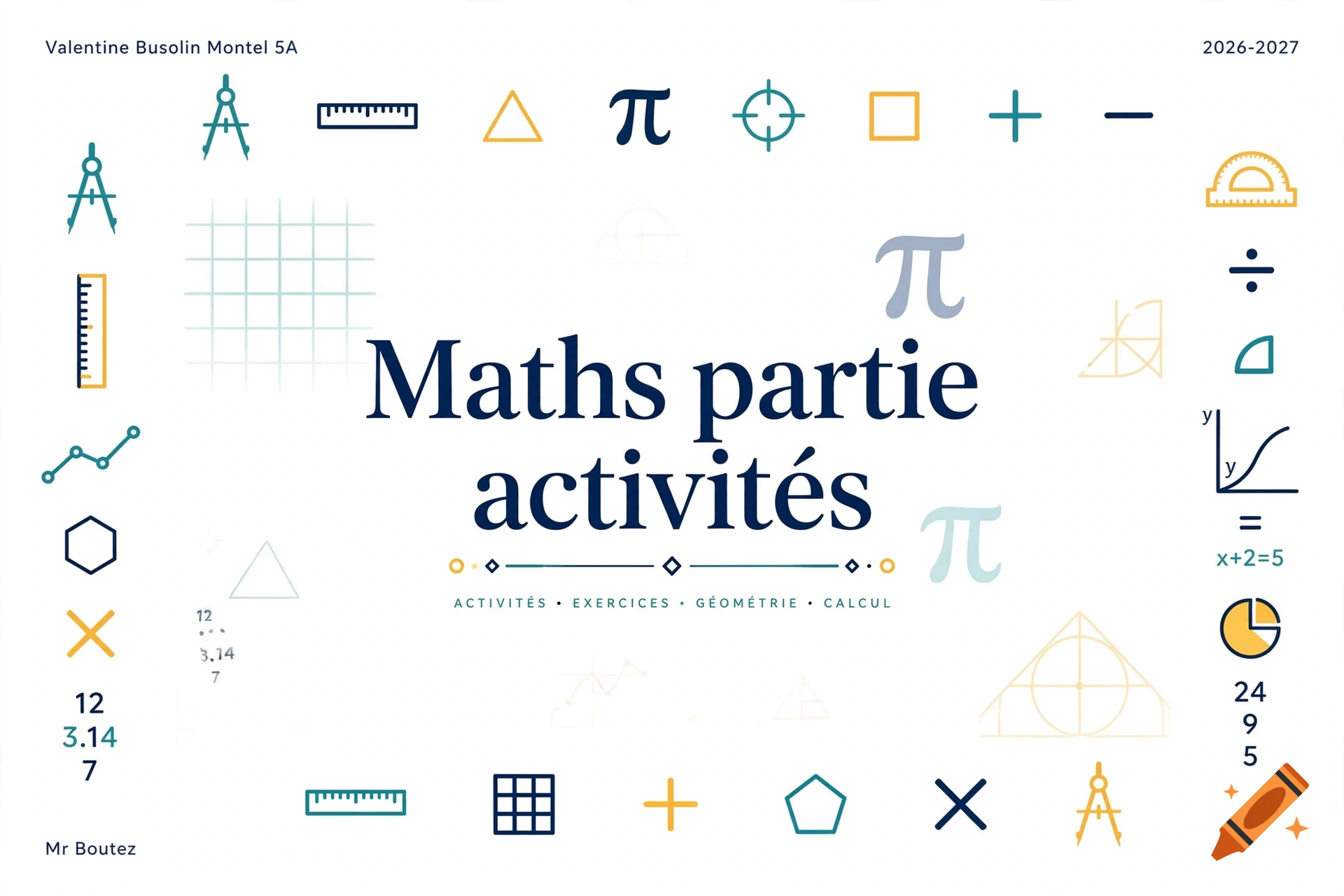 School notebook cover for mathematics with geometric illustrations, mathematical symbols, and text reading 'Maths partie activités'.