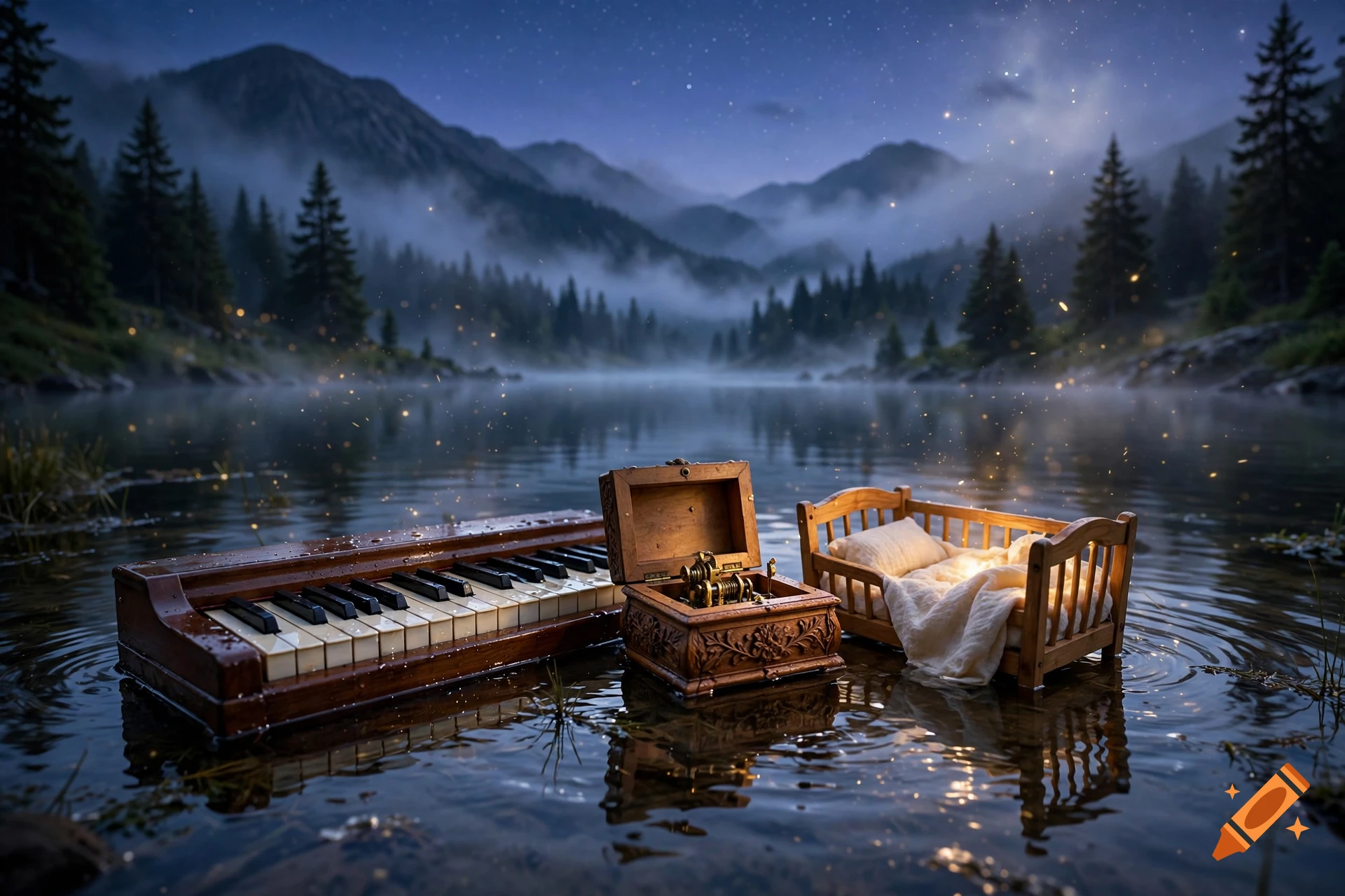 Photorealistic nighttime landscape of a calm lake in a misty pine forest with a floating piano, music box, and baby bed.