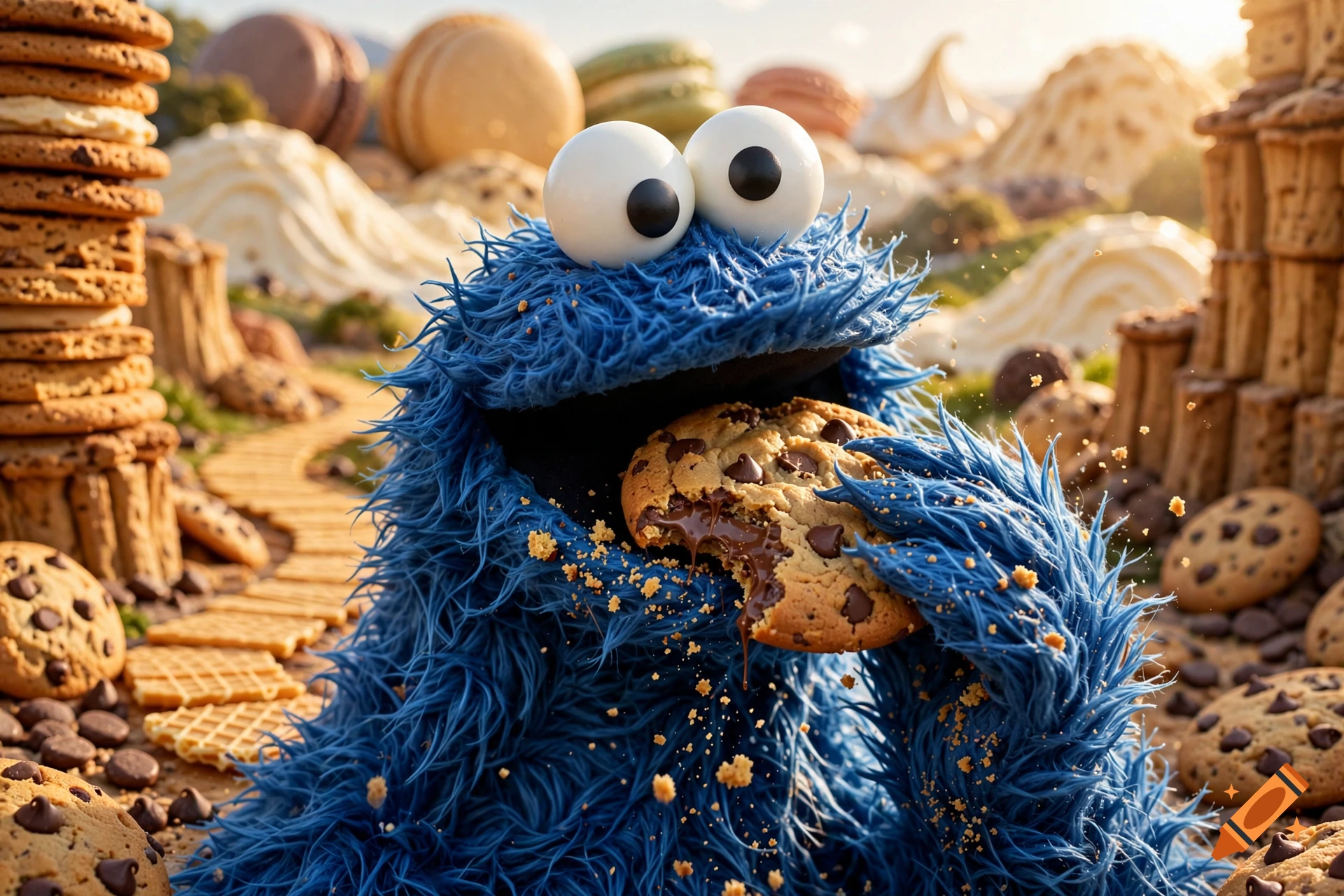 Photorealistic Cookie Monster eating a chocolate chip cookie in a whimsical world made of various cookies and sweets.