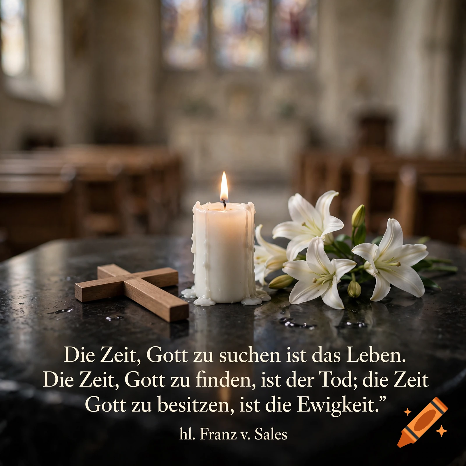 A lit candle, a wooden cross, and white lilies on a dark reflective surface inside a church.