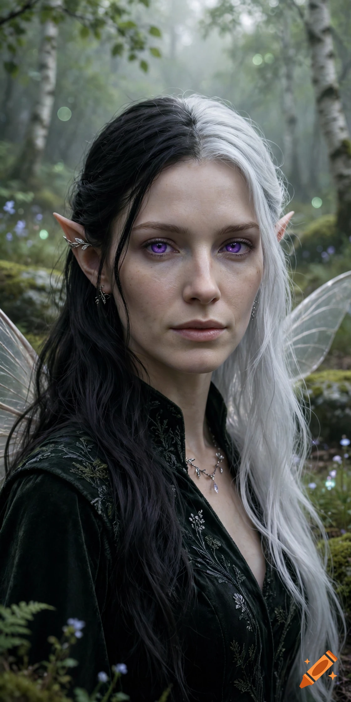 Photorealistic portrait of a fae woman with long black and white split hair, glowing purple eyes, elf ears, and translucent wings in a misty forest.