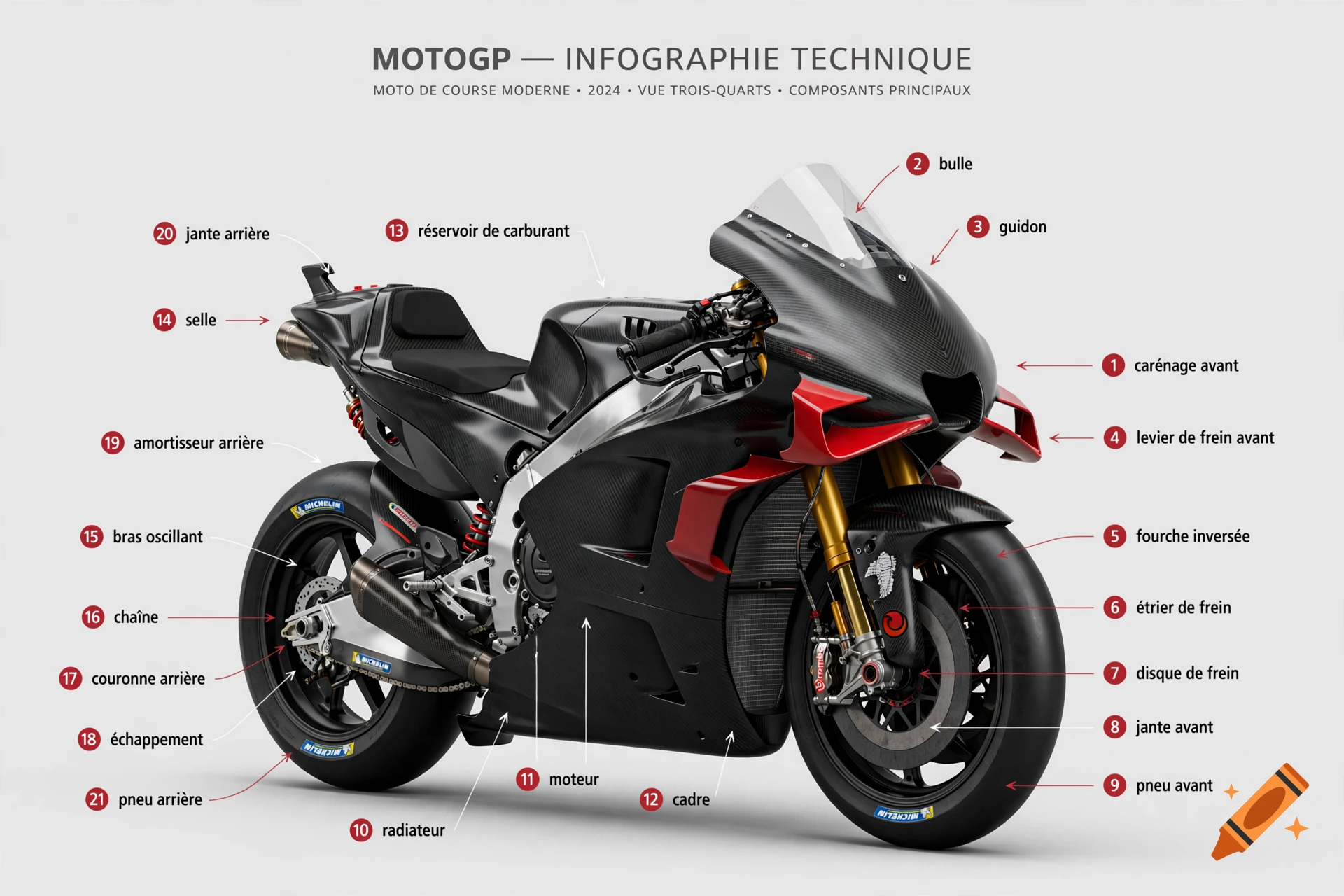 Technical infographic of a modern MotoGP racing motorcycle with numbered labels pointing to its main components in French.