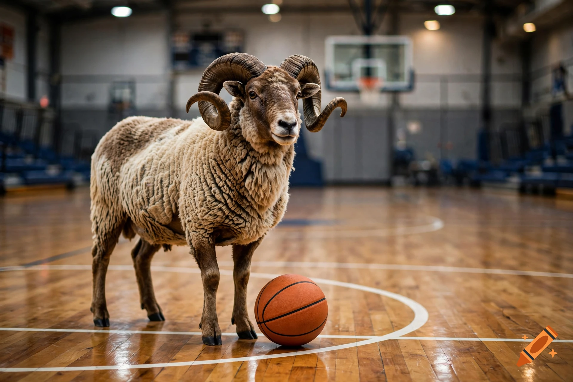 Photorealistic ram standing next to a basketball on a hardwood basketball court.