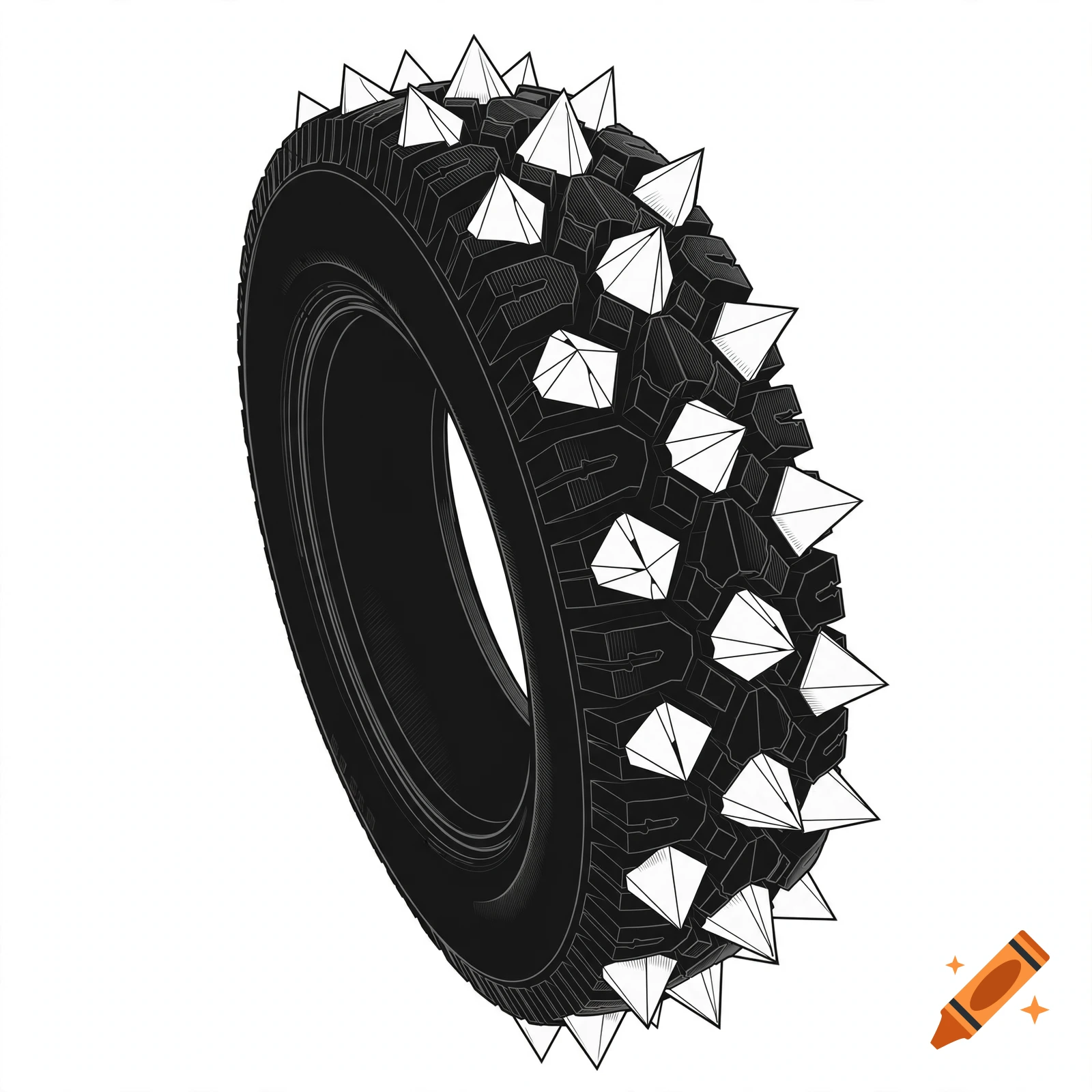 Black and white graphic illustration of an ice racing tire with large metal spikes on a pure white background.
