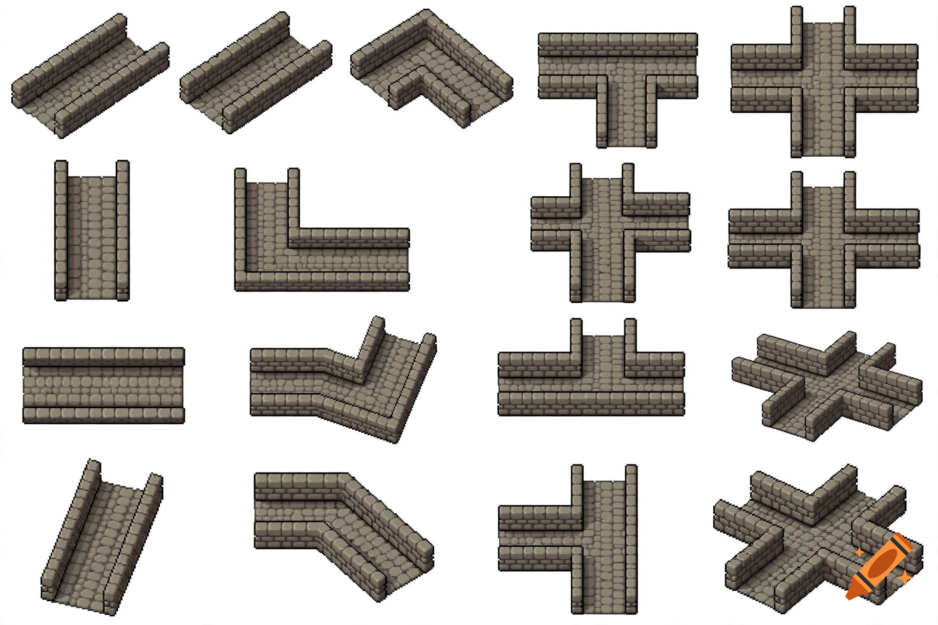 Isometric pixel art sprite set of grey cobblestone dungeon hallways, corners, T-joints, and crossings from various camera angles.