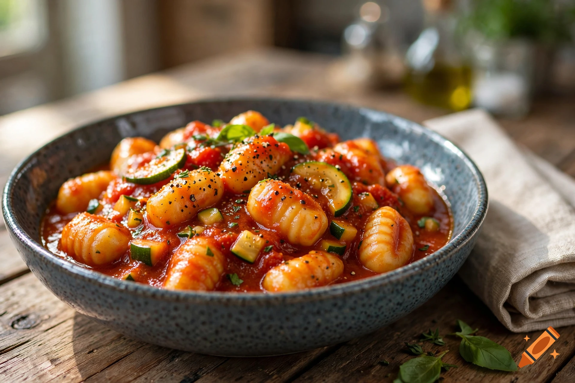 A bowl of gnocchi with tomato and zucchini sauce, sprinkled with pepper and basil, on a rustic wooden table.