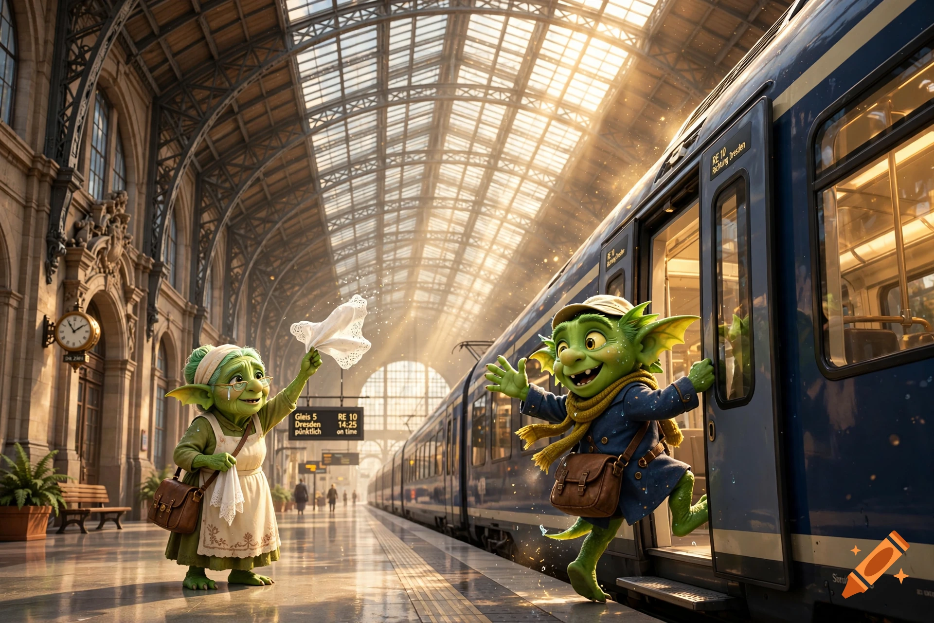Animated style illustration of a green goblin child boarding a train while his mother waves goodbye at a historic station.
